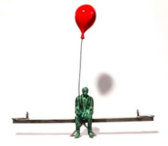 Seesaw - figurative, man, red, balloon, bronze and steel, sculpture
