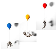 Trio of female, figurative, balloon, suspended steel sculpture