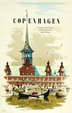 Affiche rétro originale de voyage, Centre commercial de Copenhague, Past Present Future