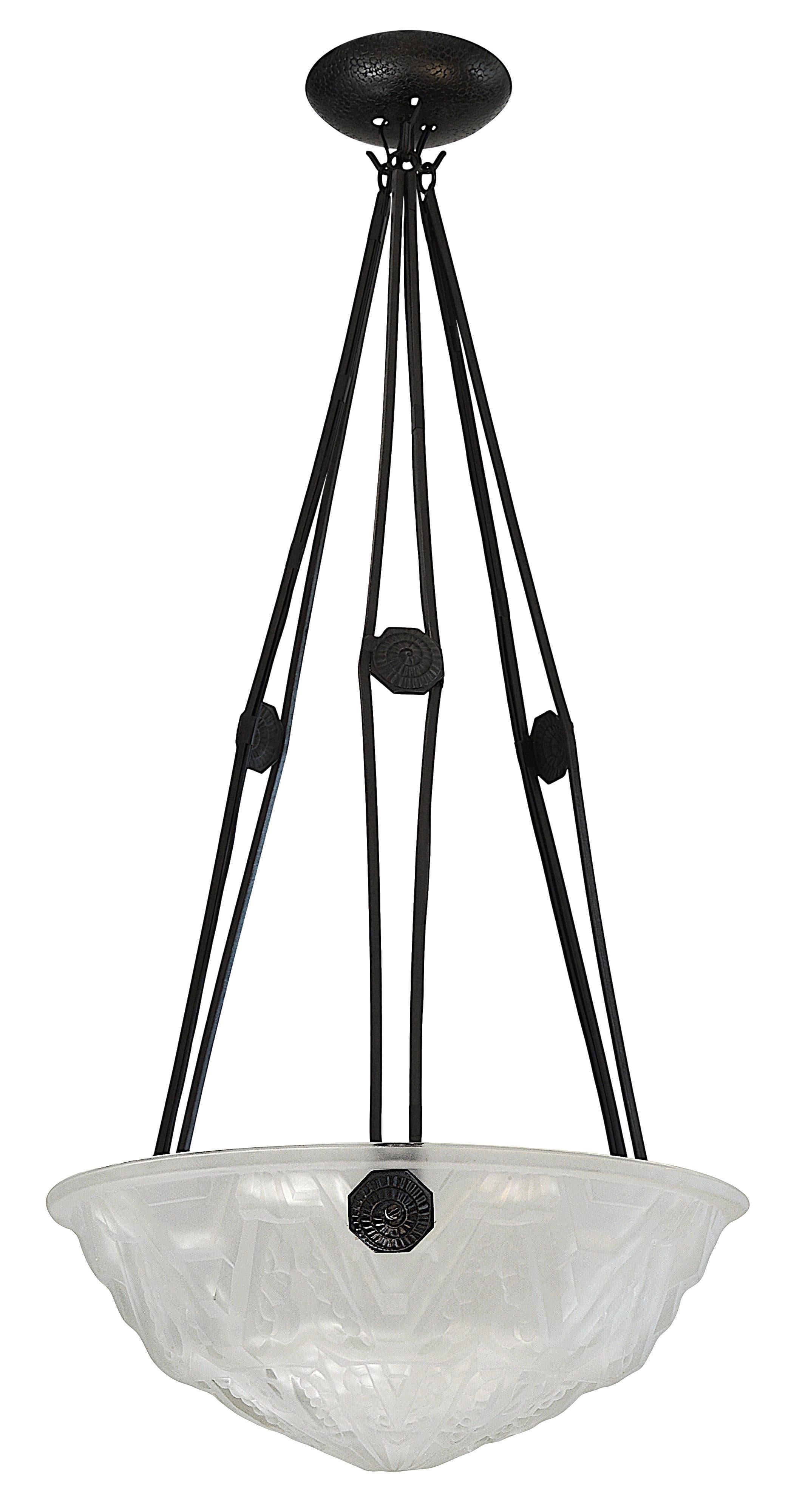 Glass Des Hanots French Art Deco Pendant Chandelier, ca.1925