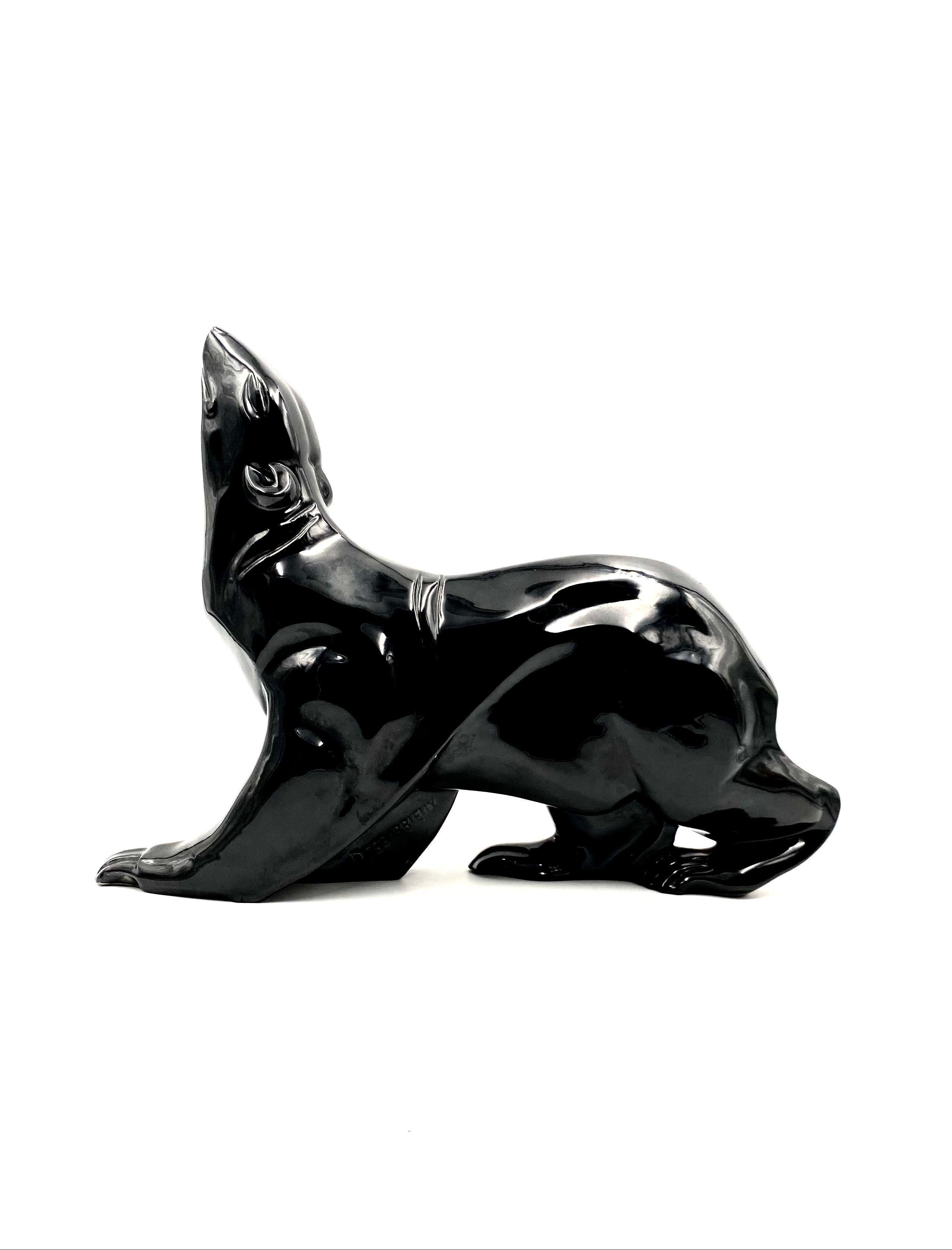 Desbarbieux, Black Polar Bear Ceramic Sculpture, Saint-Clément France circa 1920 In Excellent Condition In Firenze, IT