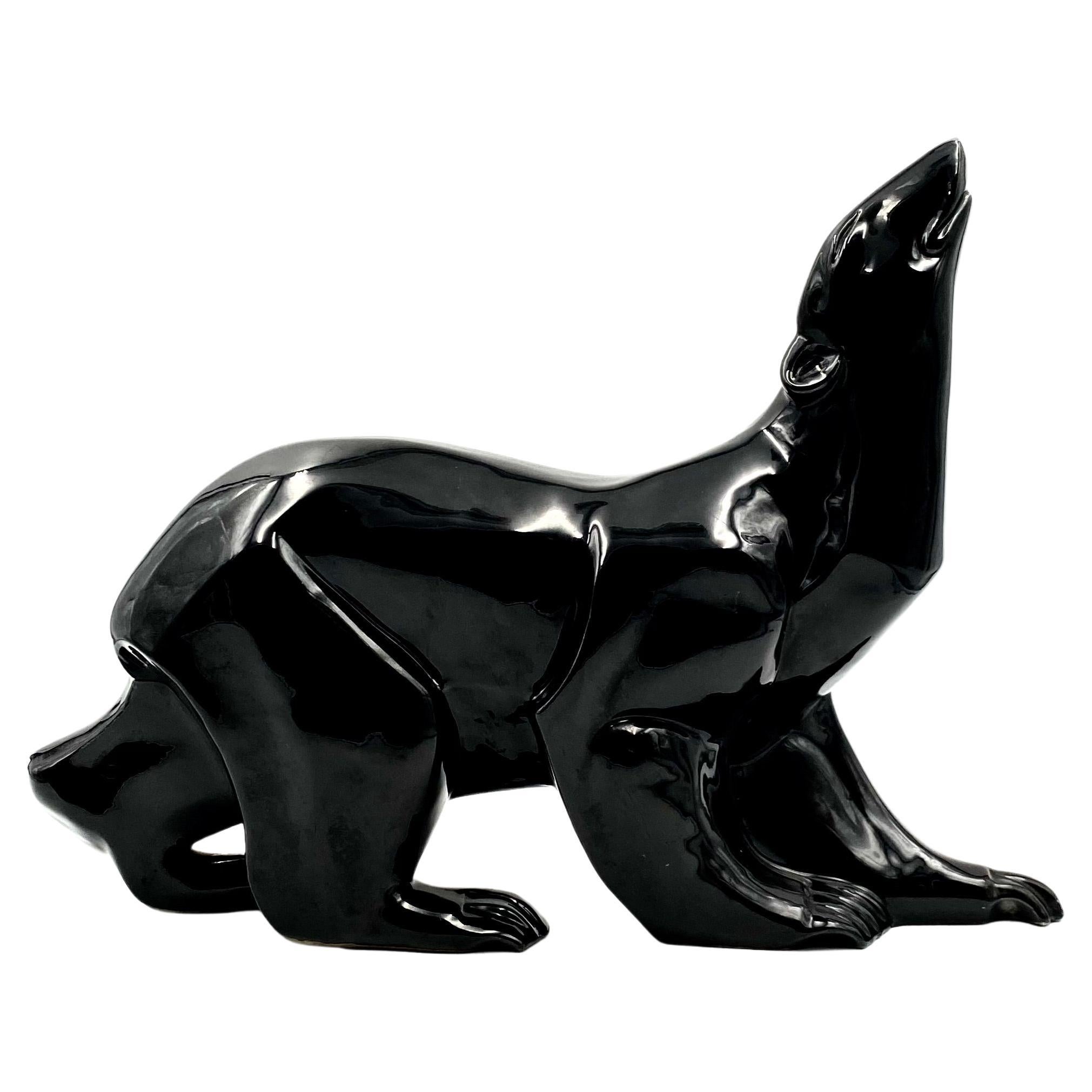 Desbarbieux, Black Polar Bear Ceramic Sculpture, Saint-Clément France circa 1920