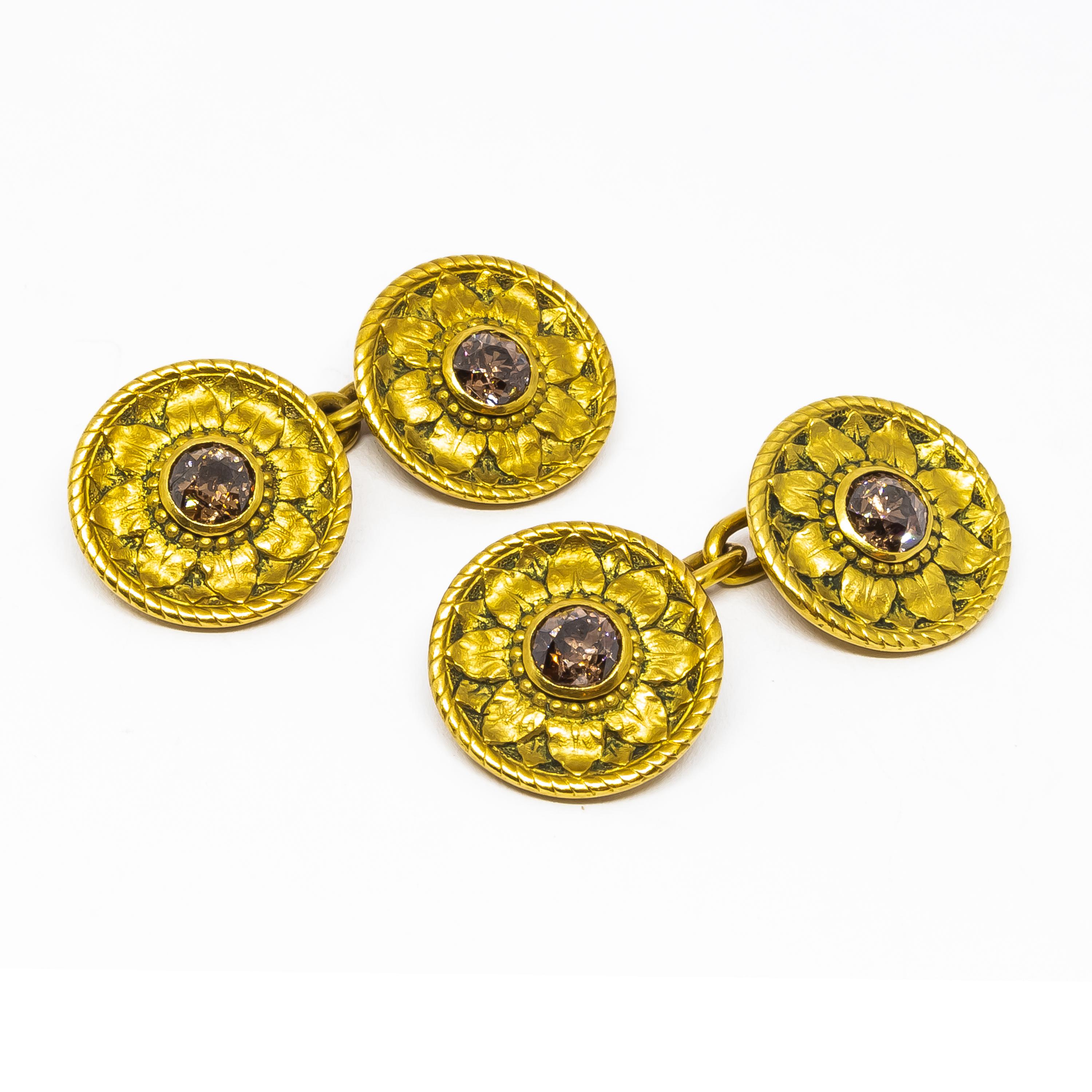 Round Cut Desbazeille Art Nouveau Champagne Diamond and Gold Cufflinks, Circa 1895 For Sale