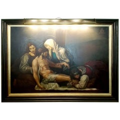 Antique "Descent from the Cross of Jesus Christ" Big Painting Oil on Canvas 19th Century