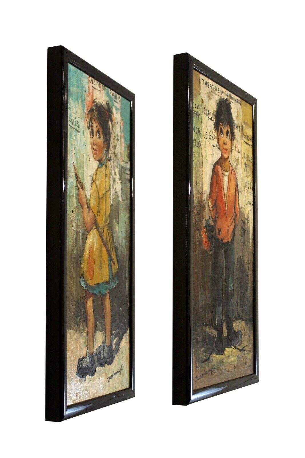 We are offering in Michigan this enduring pair of Mid Century Modern inspired oil paintings on canvas depicting two big eyed children on the streets in France by Monsieur L. Deschamps. Signed on the bottom left and right. Dimensions: 13.5