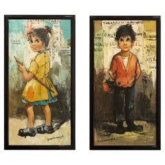 Vintage Deschamps Mid-Century Modern Children in France Signed Painting on Canvas Framed