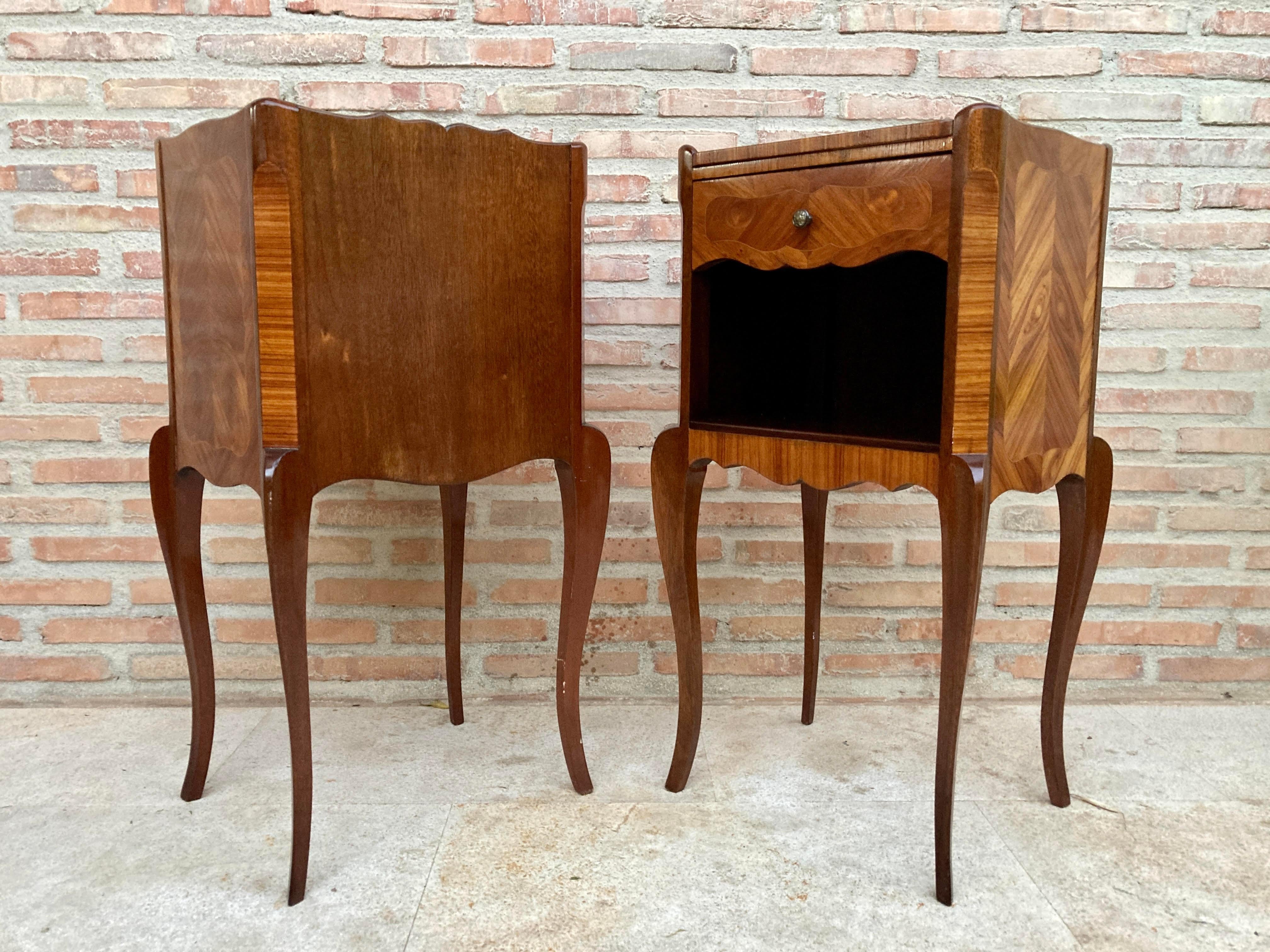 French Provincial Early 20th Century French Marquetry And Iron Hardware Bedside Tables Or Nightsta For Sale
