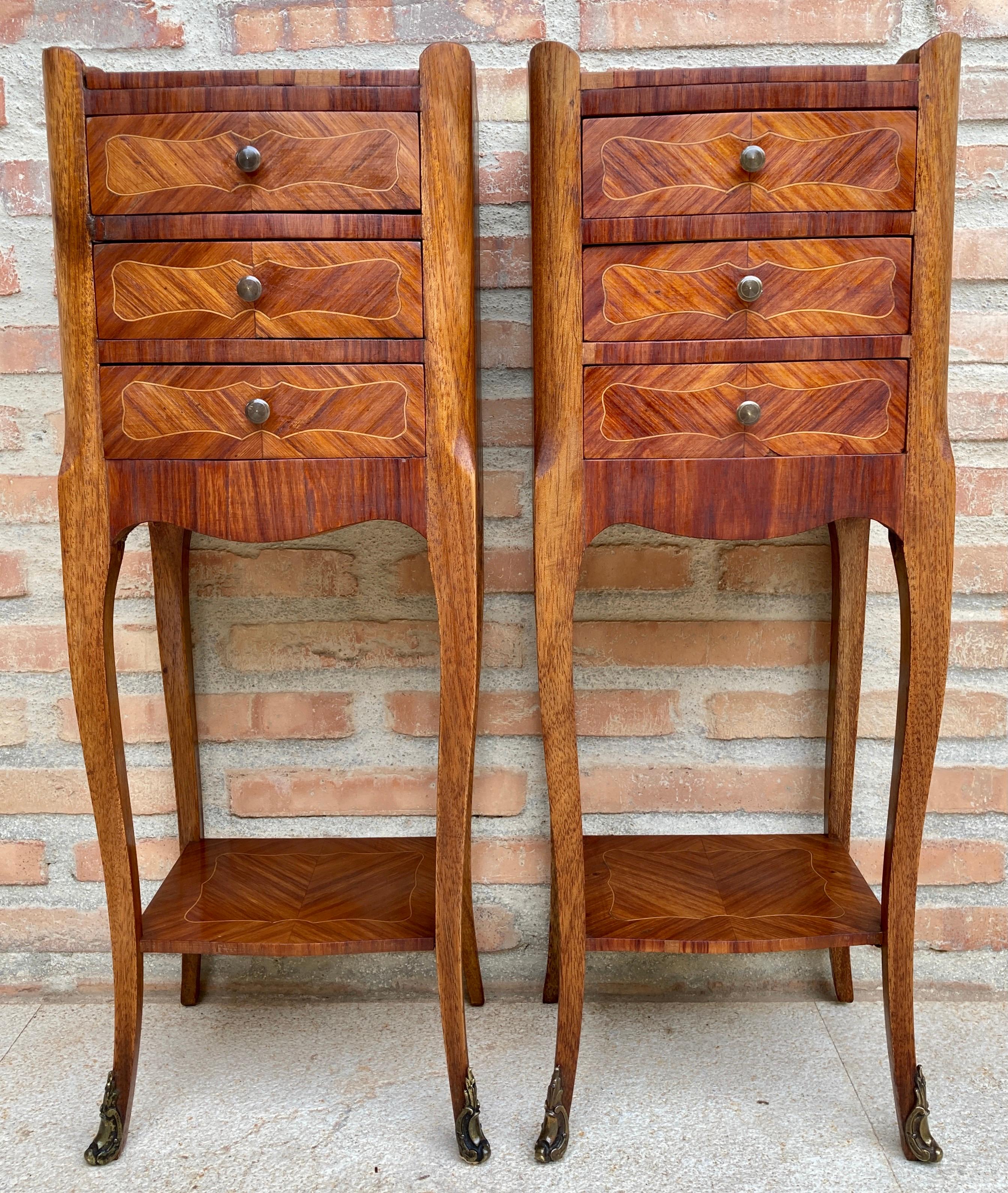 19th Century Description Pair of French Walnut Bedside Tables Adorned with Fine Louis XV Mar For Sale