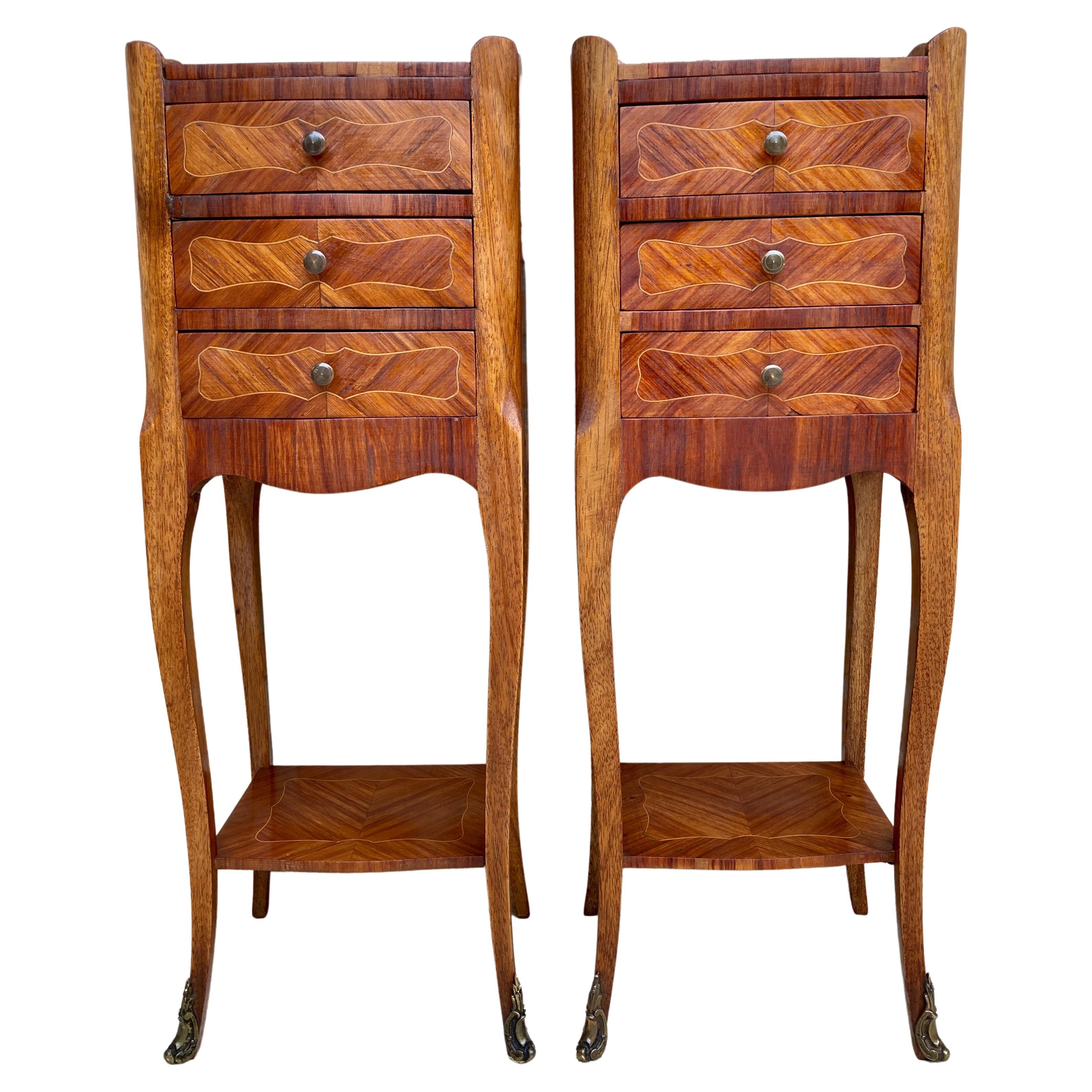 Description Pair of French Walnut Bedside Tables Adorned with Fine Louis XV Mar For Sale