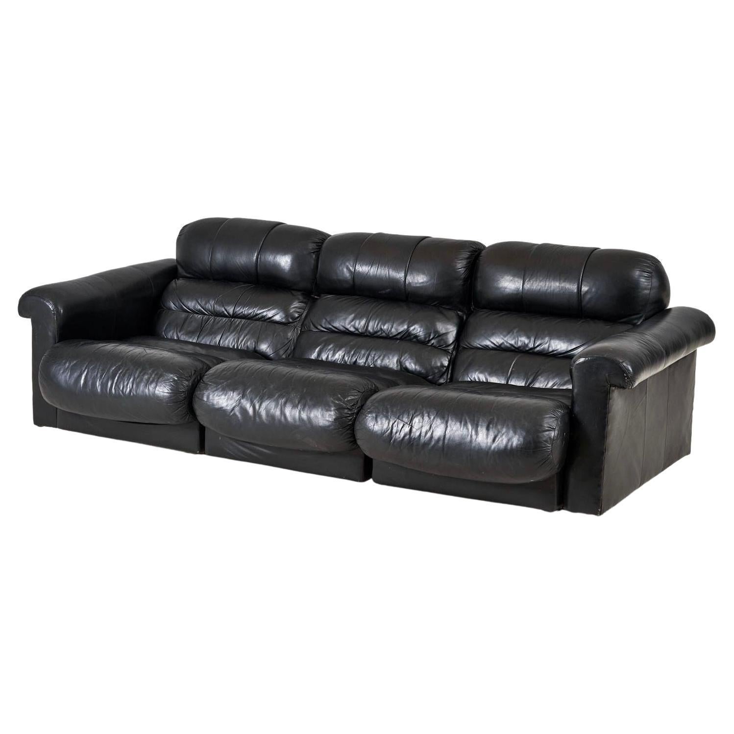 De Sede Black Leather Sofa, 1970