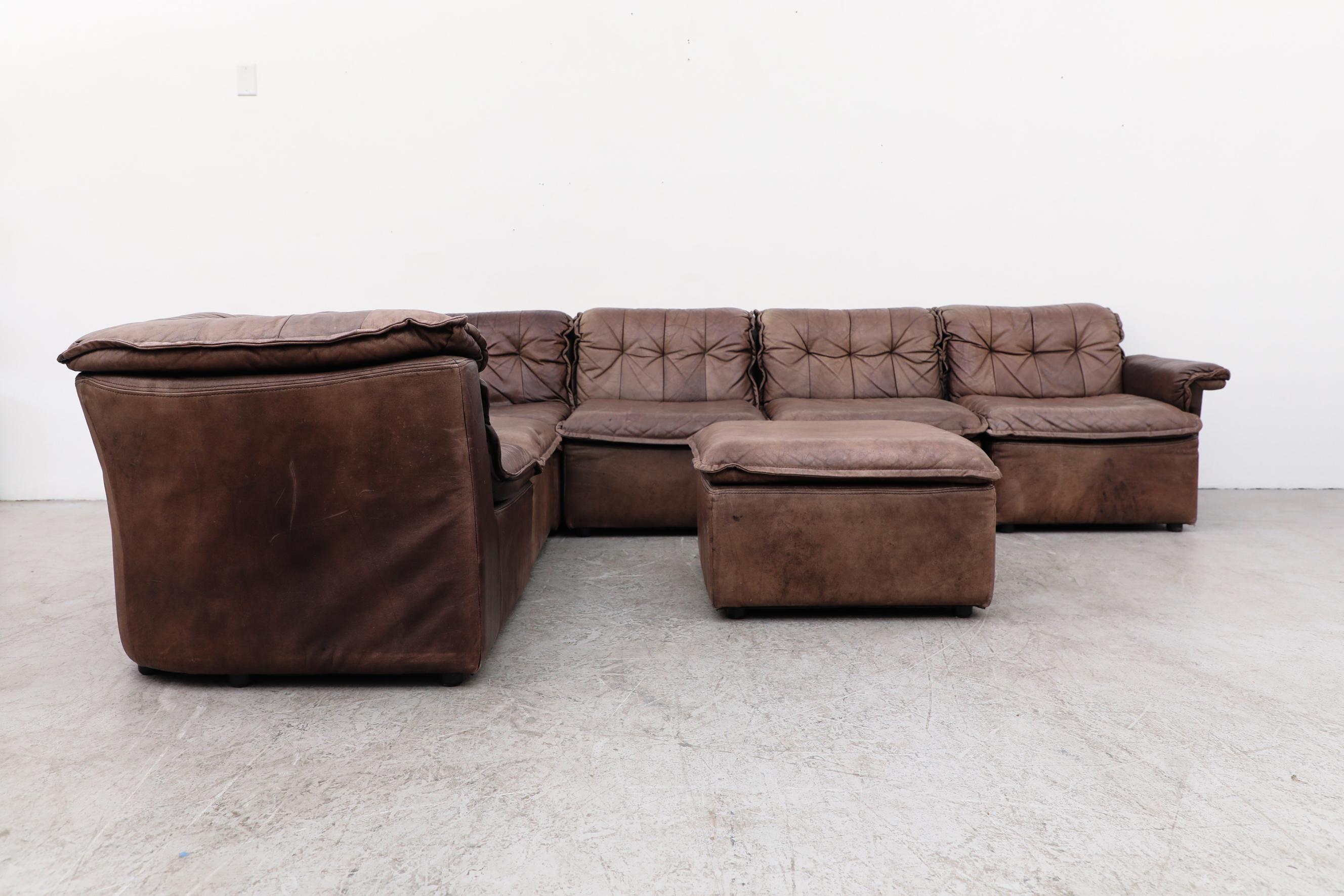 DeSede DS11 Style Leather Patchwork Sectional sofa by Laauser, Germany. Made of six individual pieces, three middle seats, two corners and one end. Matching lounge chair (please inquire) and ottoman (LU922433015212) listed separately. Sofa is in