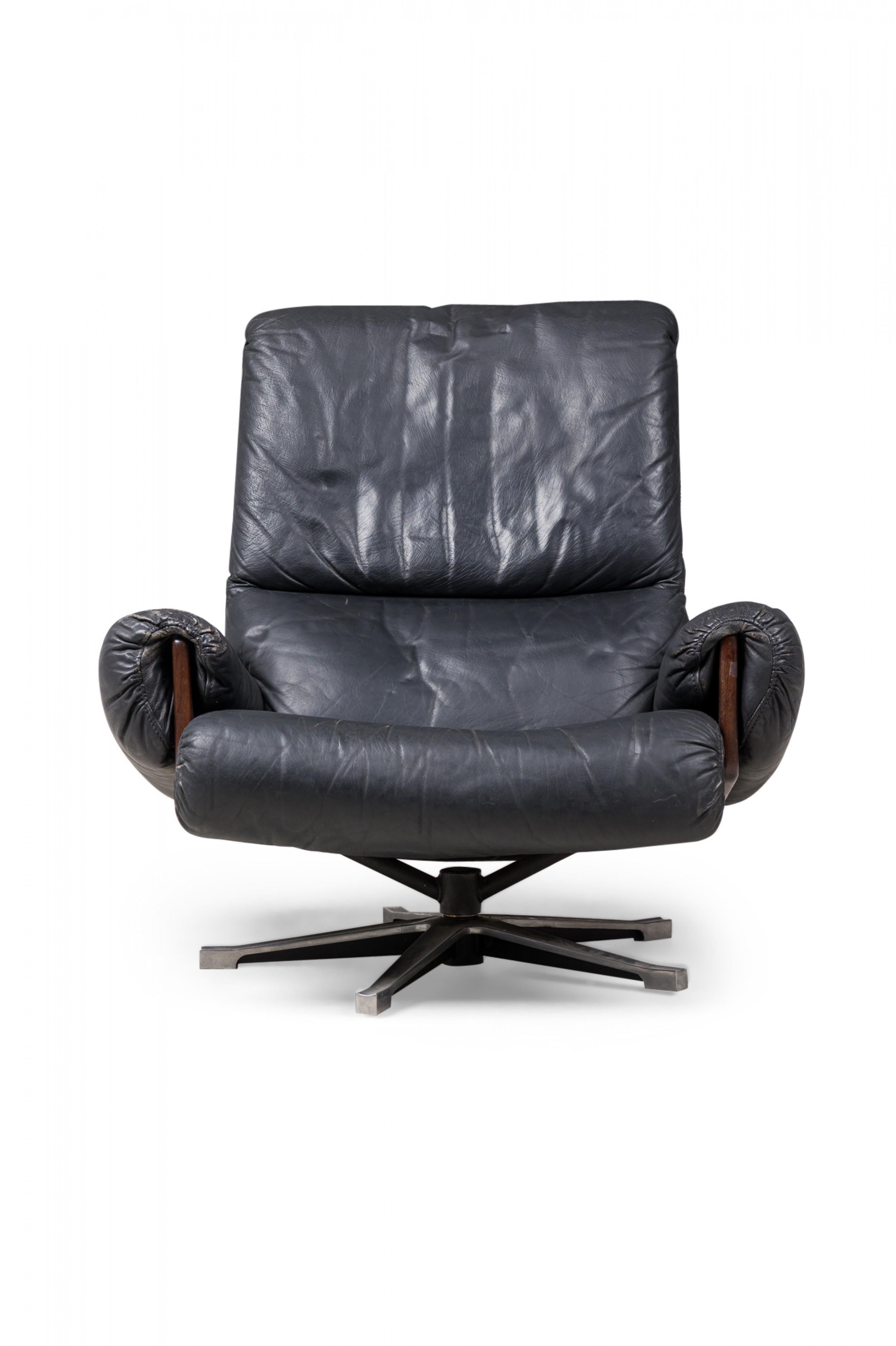 Mid-Century Modern Desede Midcentury Swiss Metal & Black Leather Upholstered Swivel Chair For Sale
