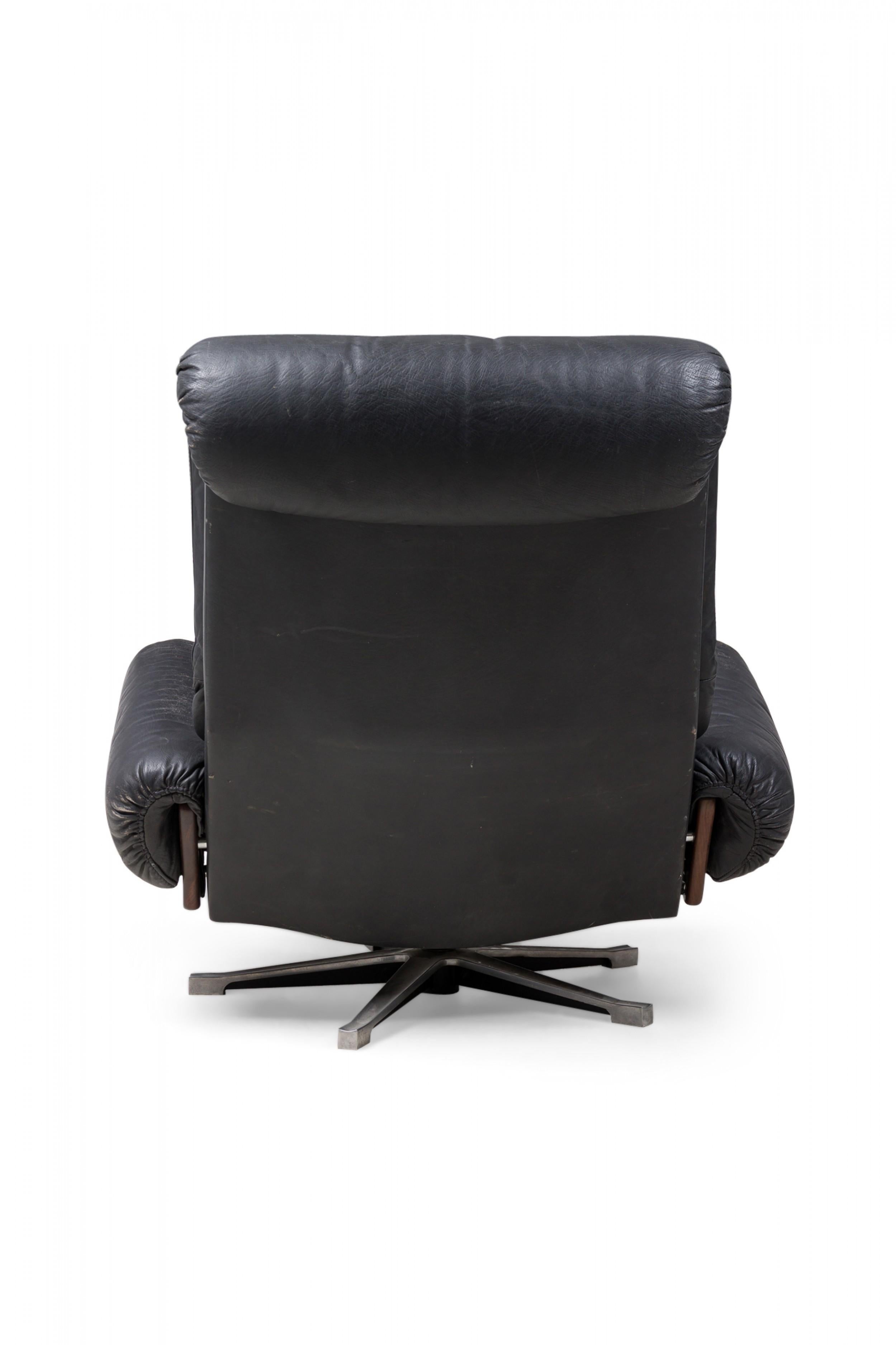 Desede Midcentury Swiss Metal & Black Leather Upholstered Swivel Chair For Sale 1