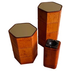 DeSede Patinated Cognac Leather Wrapped Mirrored Tables and Ashtray, Swiss 1970s