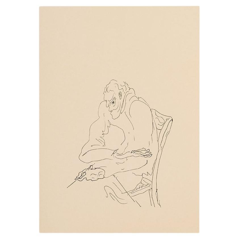 Desenho (Mann malt) - Das Gemälde zeigt eine Person, die mit einem Stift in der Hand auf das Papier schaut und eine Zeichnung beginnt. Álvaro Siza beschreibt den besonderen Moment, in dem er die Entscheidung trifft, ein Bild zu malen, indem er sich