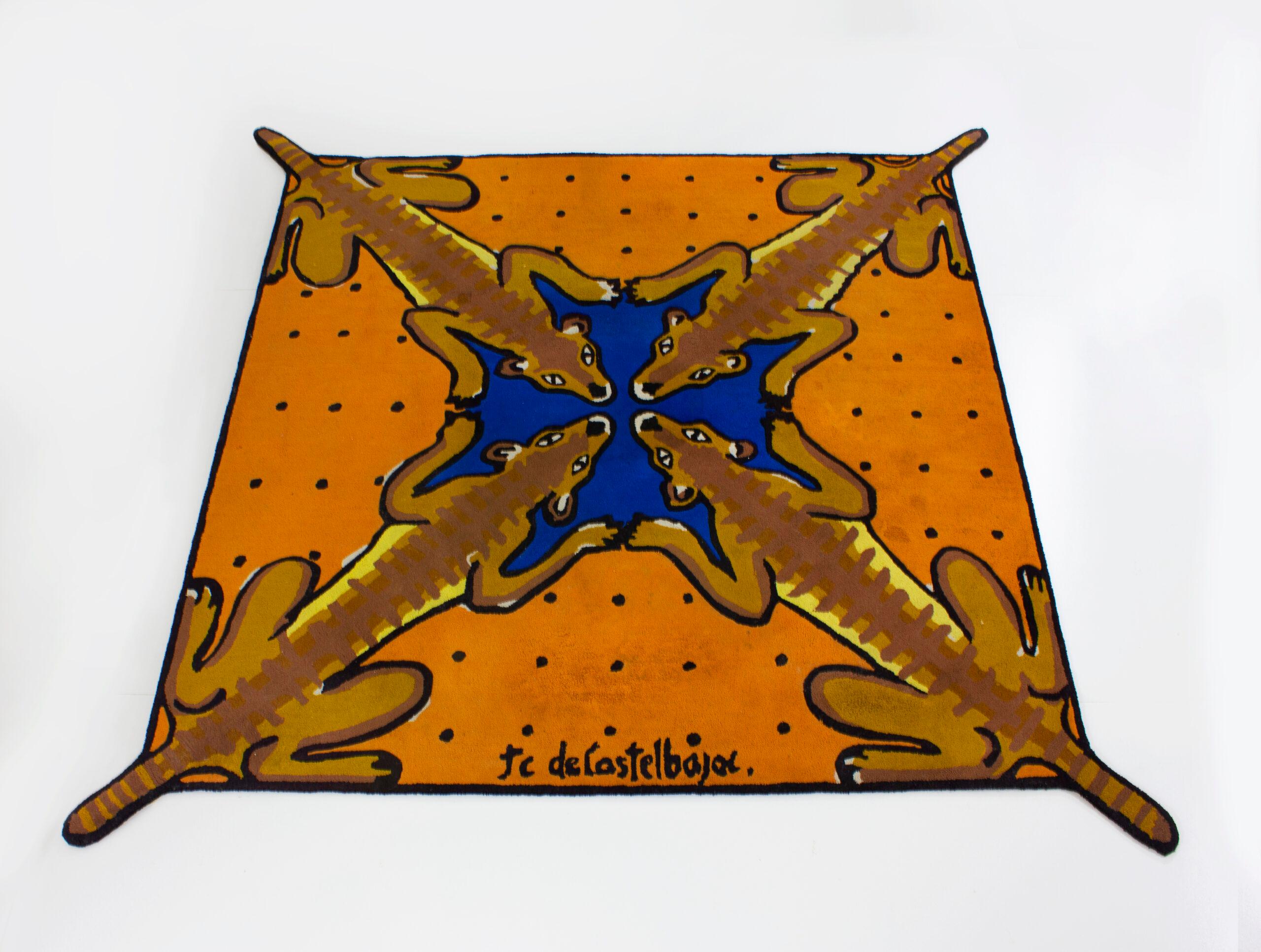 “Desert bar”, tufted wool carpet representing four stylised tigers drinking; Background in light orange color, highlights in yellow, black and blue, black borders. Signed in the frame of the carpet. In very good condition.