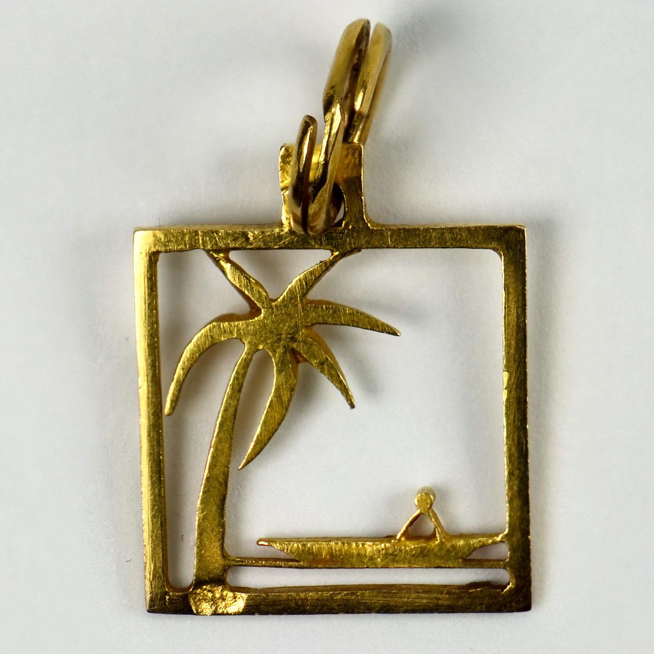 Women's or Men's Desert Island 18 Karat Yellow Gold Square Charm Pendant