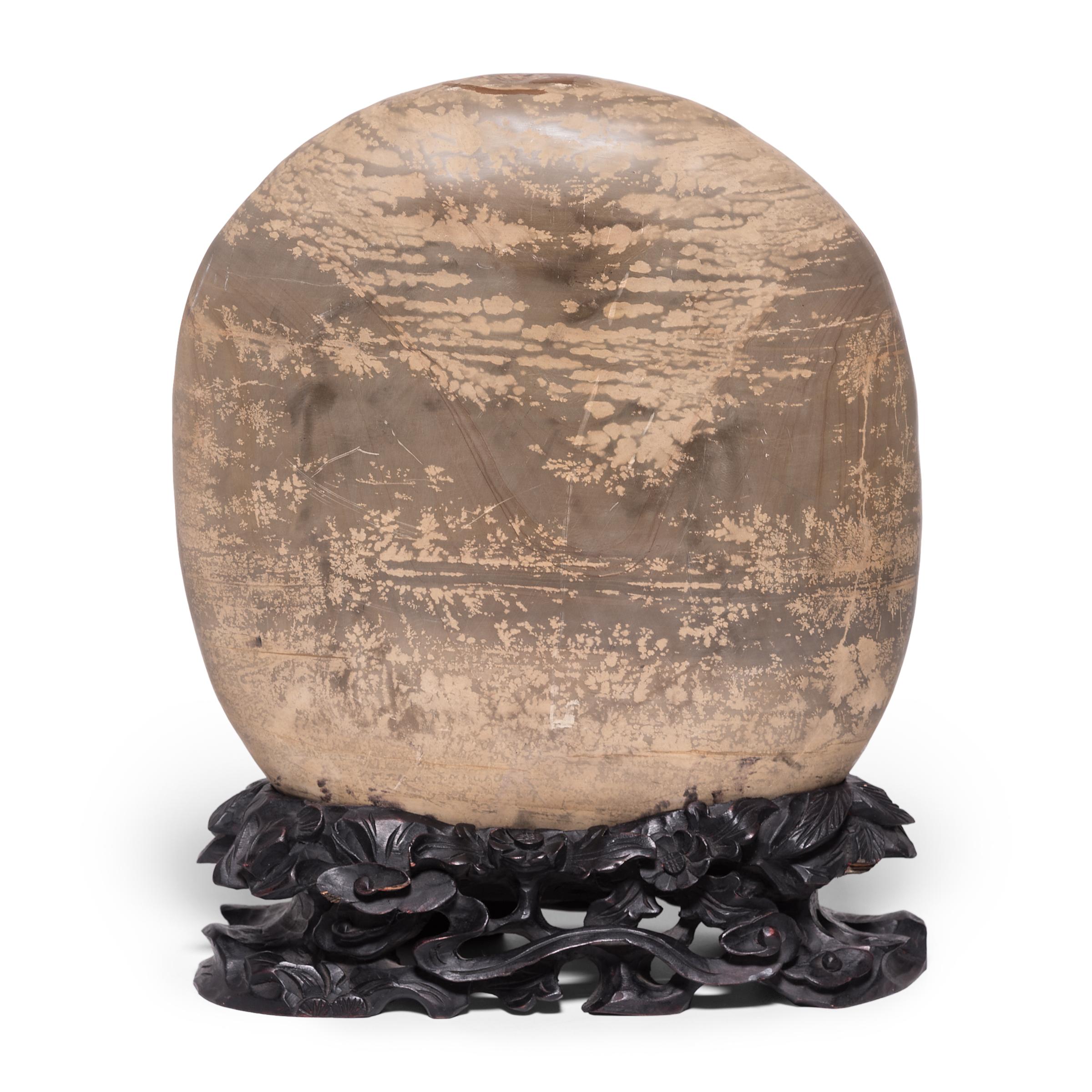 Hand-Carved Chinese Meditation Stone on Carved Stand For Sale