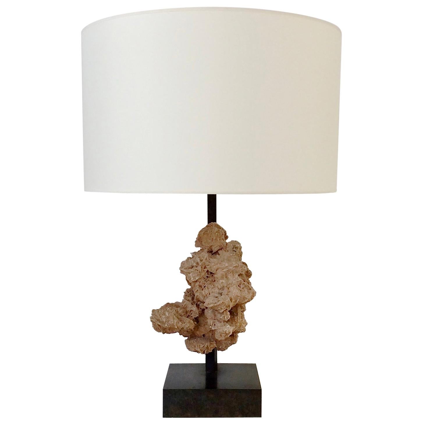 Elegant table lamp, circa 1970, Belgium.
Desert rose, patinated metal, new ivory fabric shade.
One E27 bulb 
Dimensions: 72 cm H, 50 cm W, 50 cm D.
All purchases are covered by our Buyer Protection Guarantee.
This item can be returned within 7 days