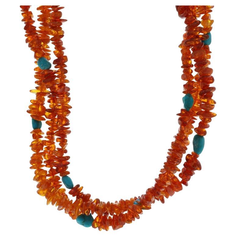 Desert Rose Trading Co. Amber Turquoise Beaded Necklace 19 1/2" Sterling 925 For Sale
