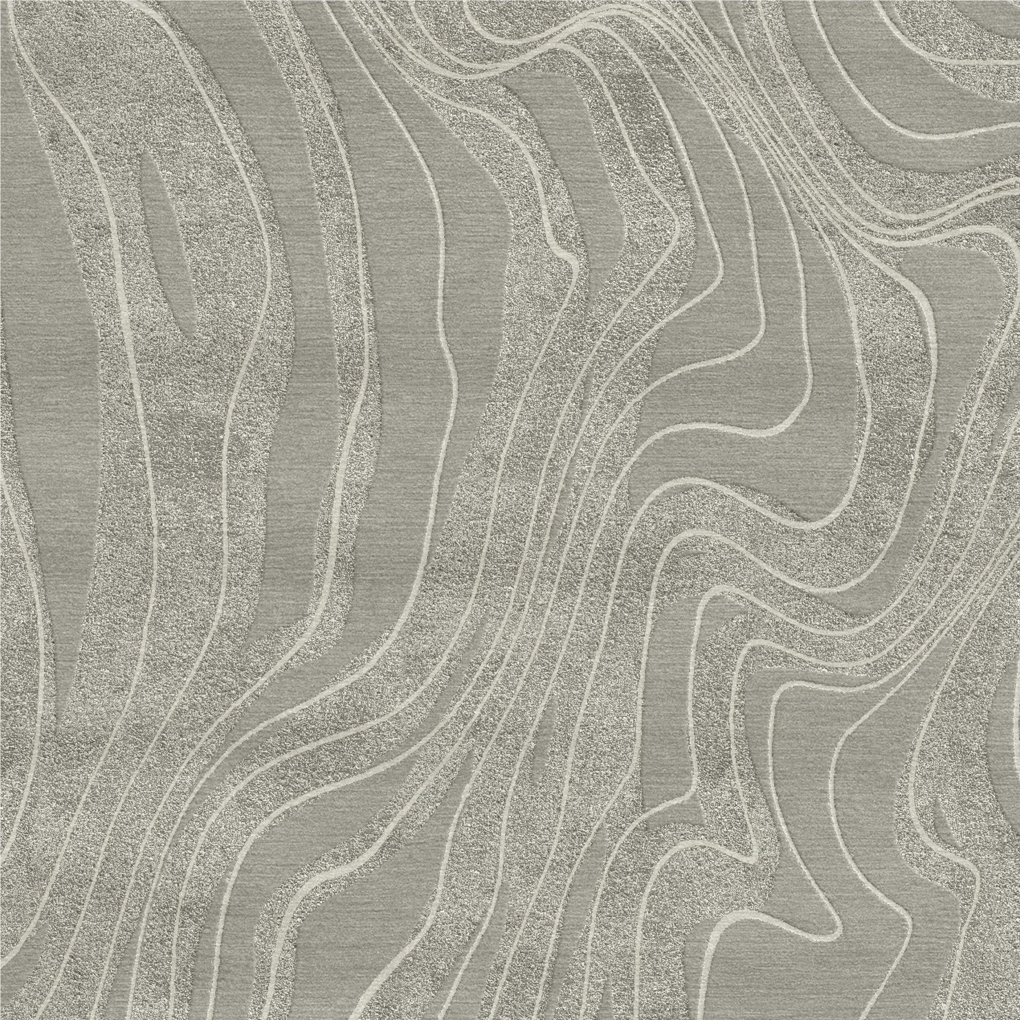 Extraordinarily plush, this hand-tufted rug fits seamlessly in any interior with its neutral palette and abstract motif of ivory sinuous lines over a dove gray background. Handwoven in India using New Zealand wool and bamboo silk, the technique