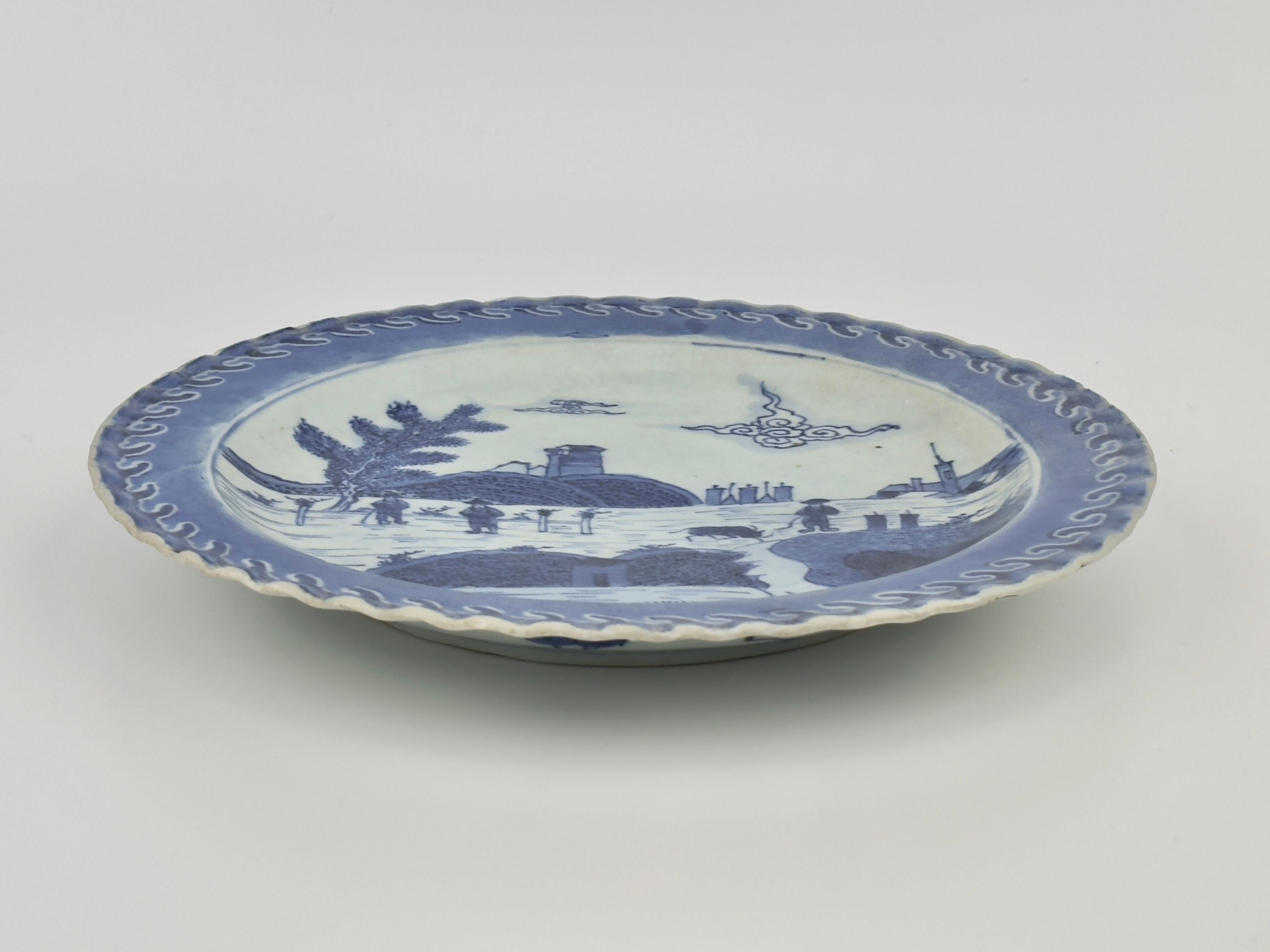 Chinoiserie  'Deshima Island' Pattern Blue and White dish c1725, Qing Dynasty, Yongzheng Era For Sale