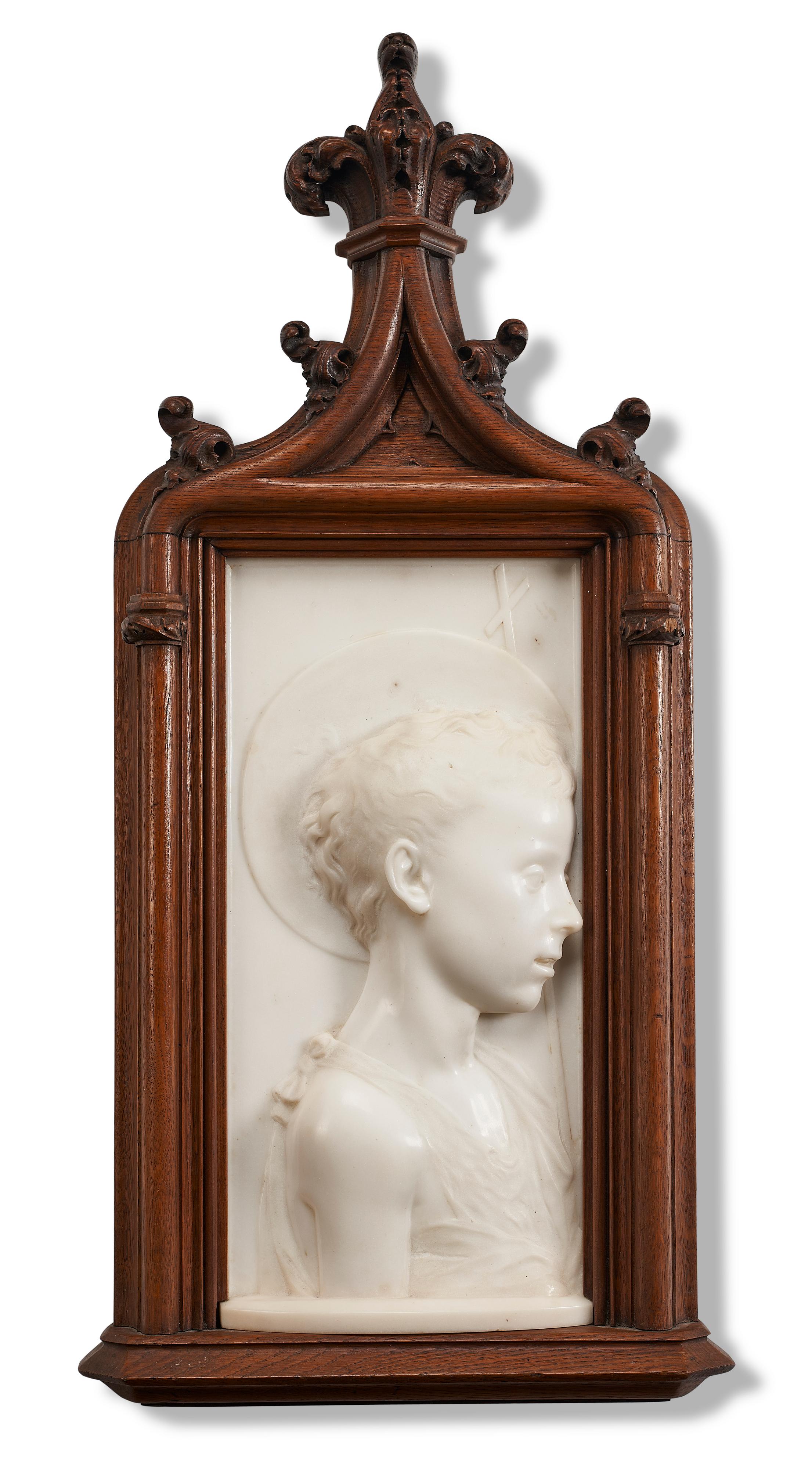 Raro relieve italiano en mármol blanco de "San Juan Bautista joven", hacia 1860