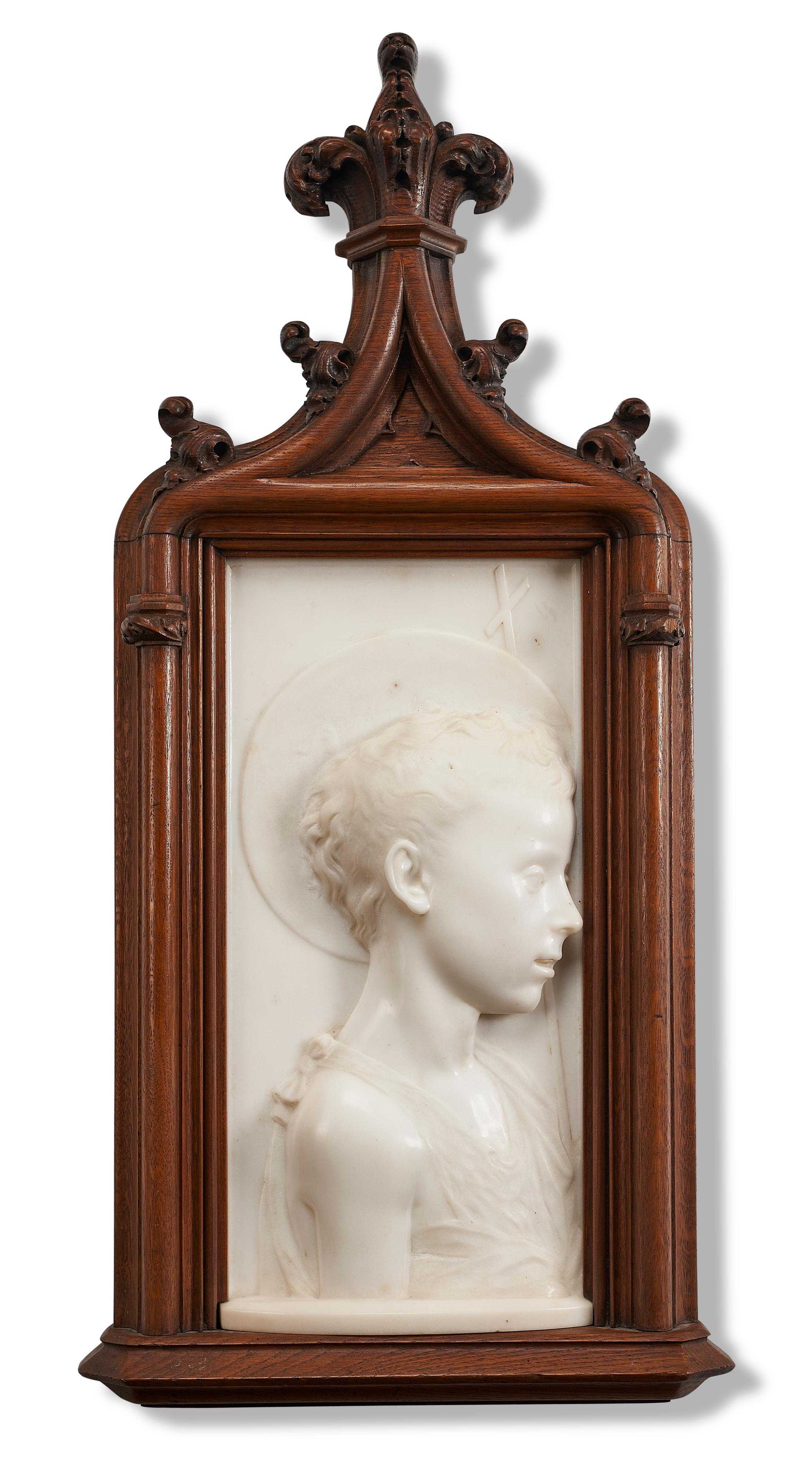 Desiderio Da Settignano Figurative Sculpture - A Rare Italian White Marble Relief of "Young Saint John the Baptist" circa 1860