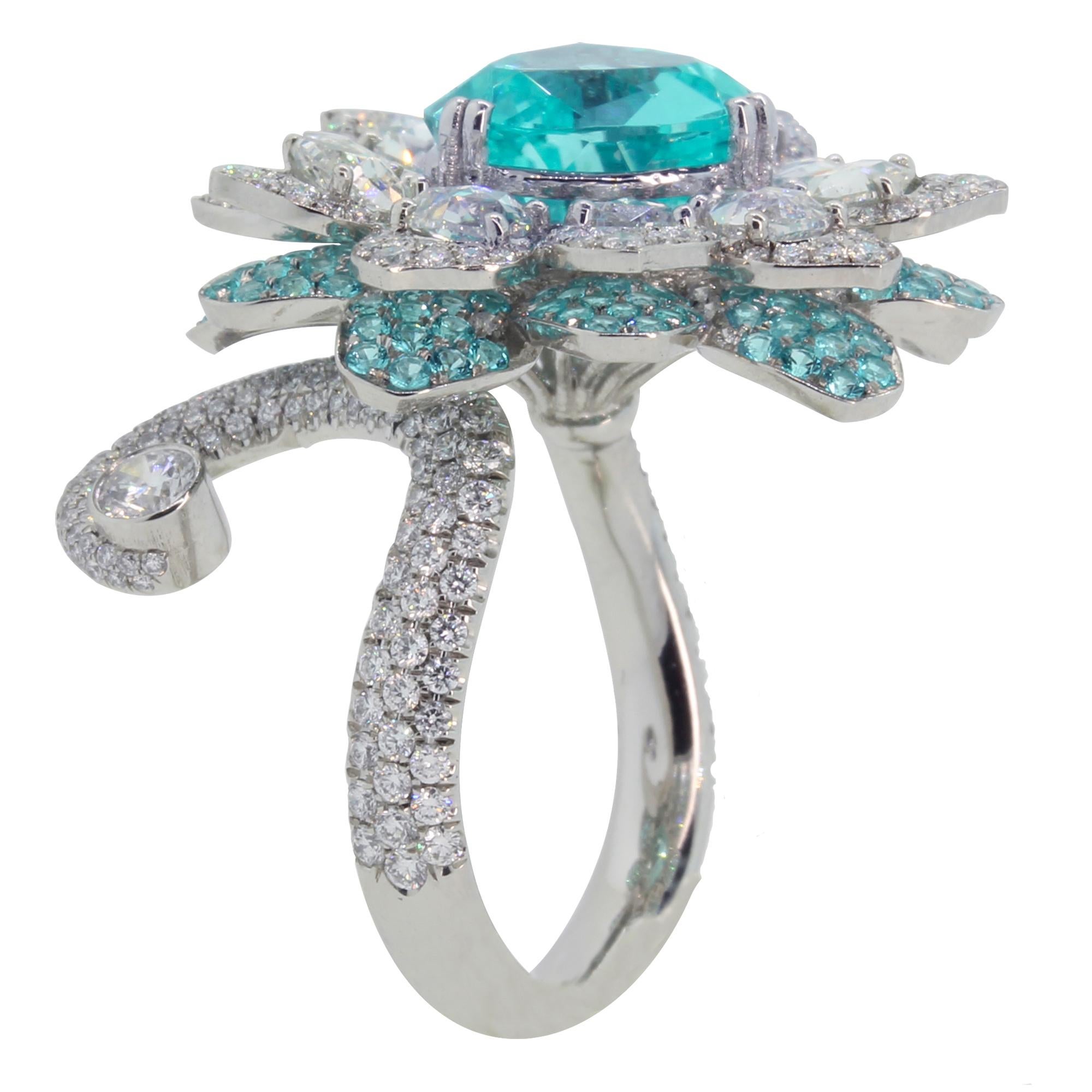 Modern GIA Certified 4.21 carat Paraiba Tourmaline Platinum Flower Ring For Sale