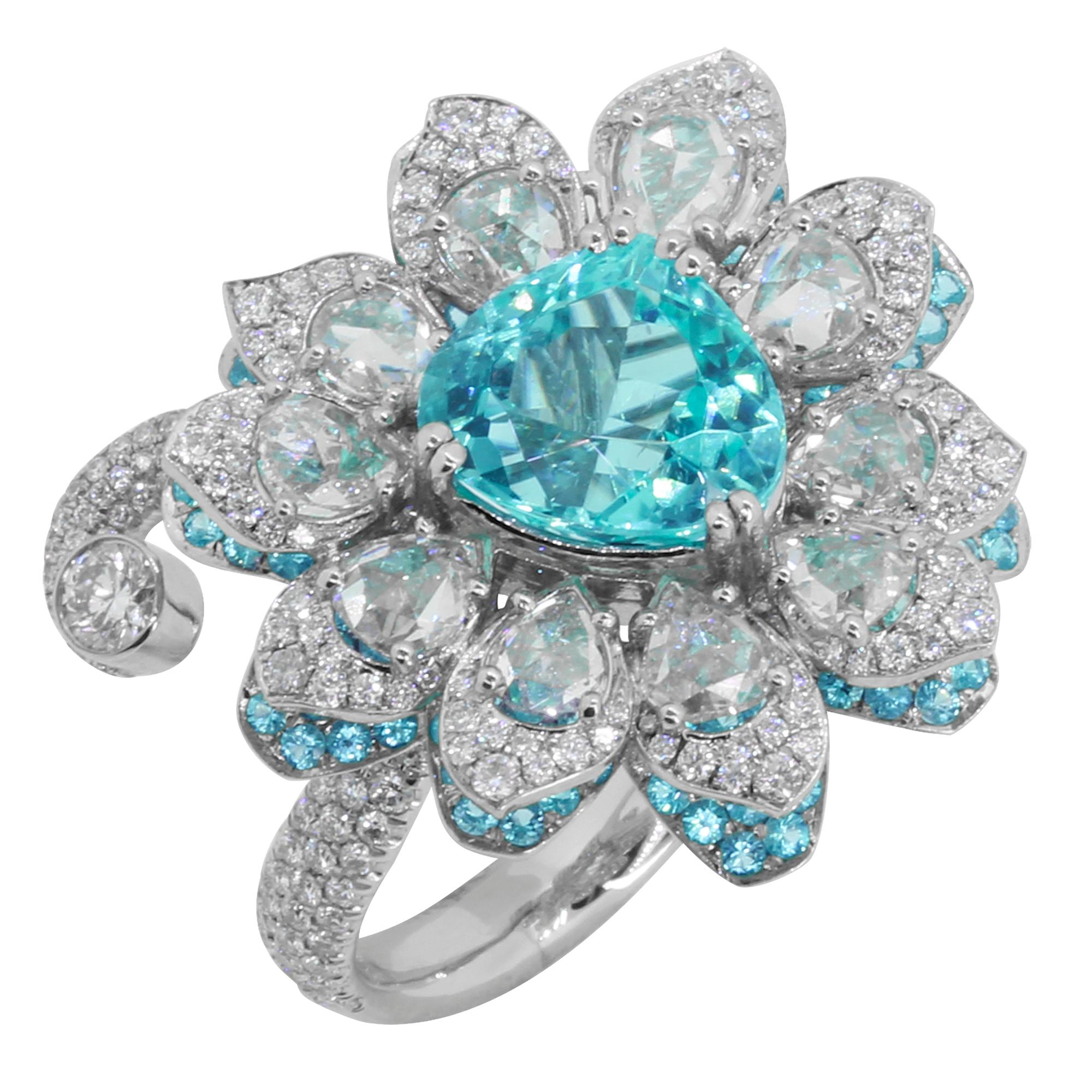 GIA Certified 4.21 carat Paraiba Tourmaline Platinum Flower Ring For Sale