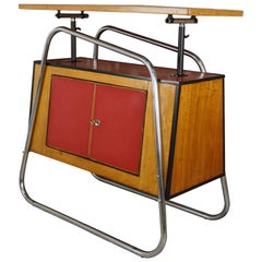Vintage Design Bar Chrome Luge Base Wood and Height-Adjustable Red Passion Glass Top