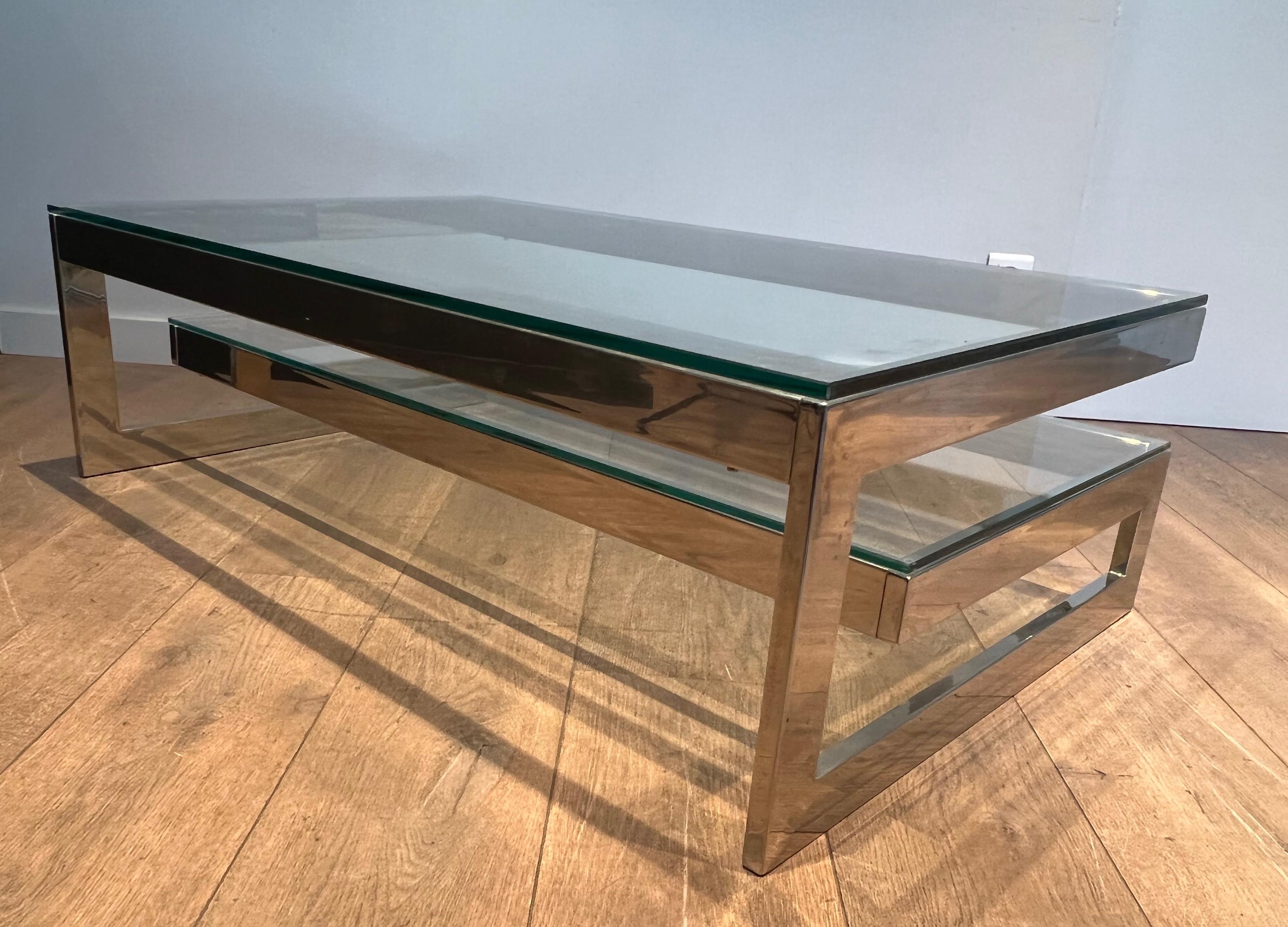 Design Chrome Coffee Table with 2 Glass Shelves For Sale 13