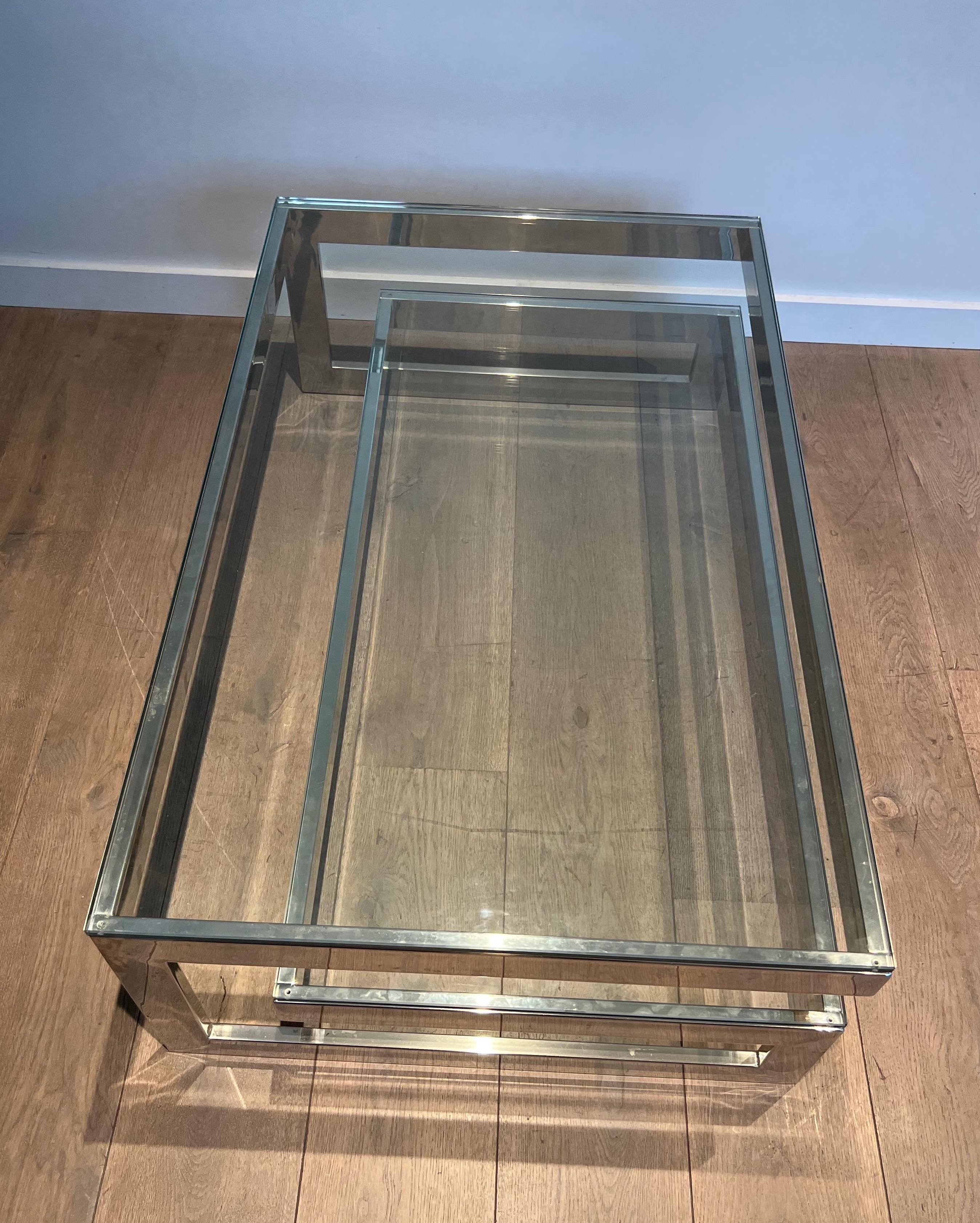 Mid-Century Modern Design Chrome Coffee Table with 2 Glass Shelves For Sale