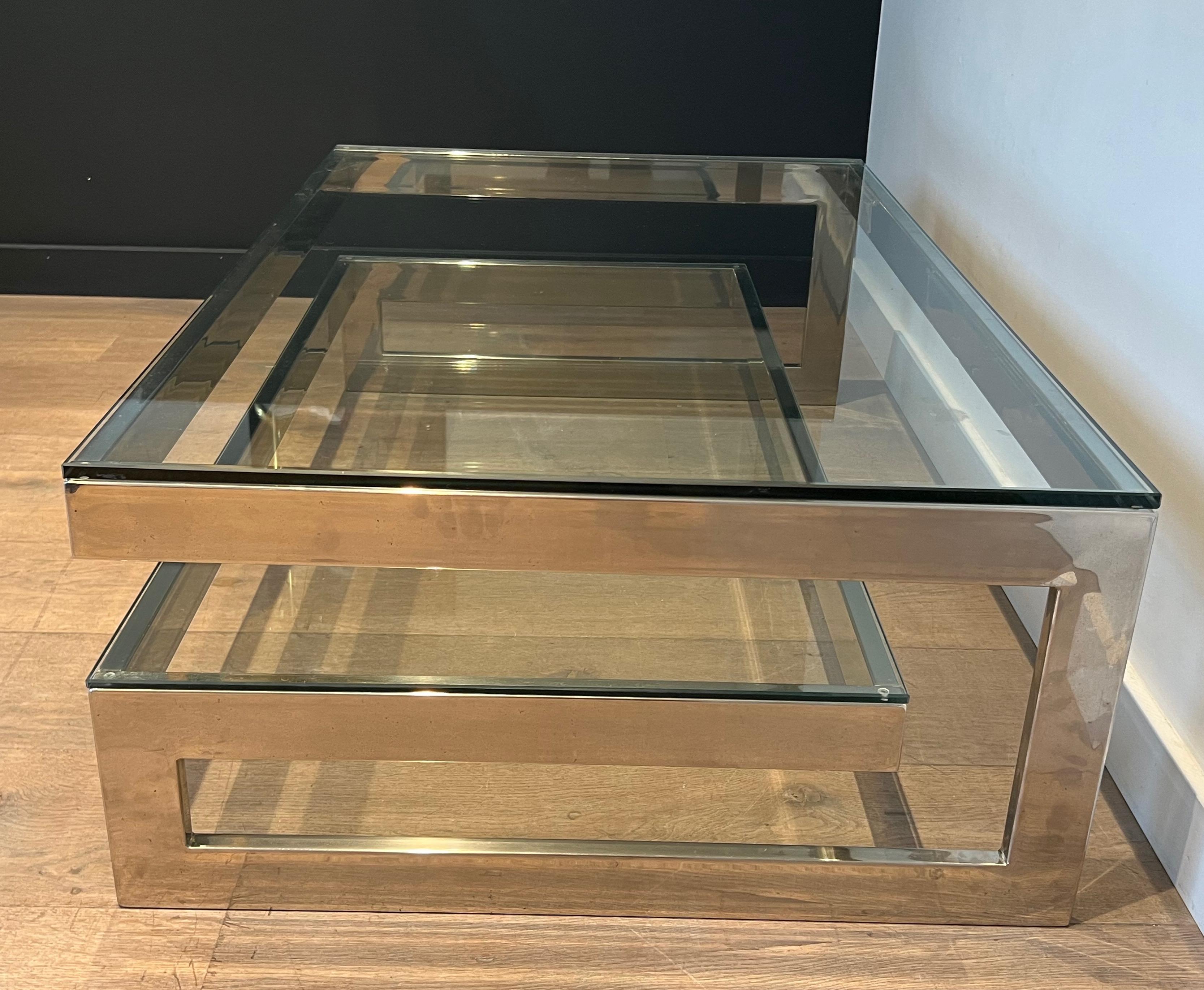 Late 20th Century Design Chrome Coffee Table with 2 Glass Shelves For Sale