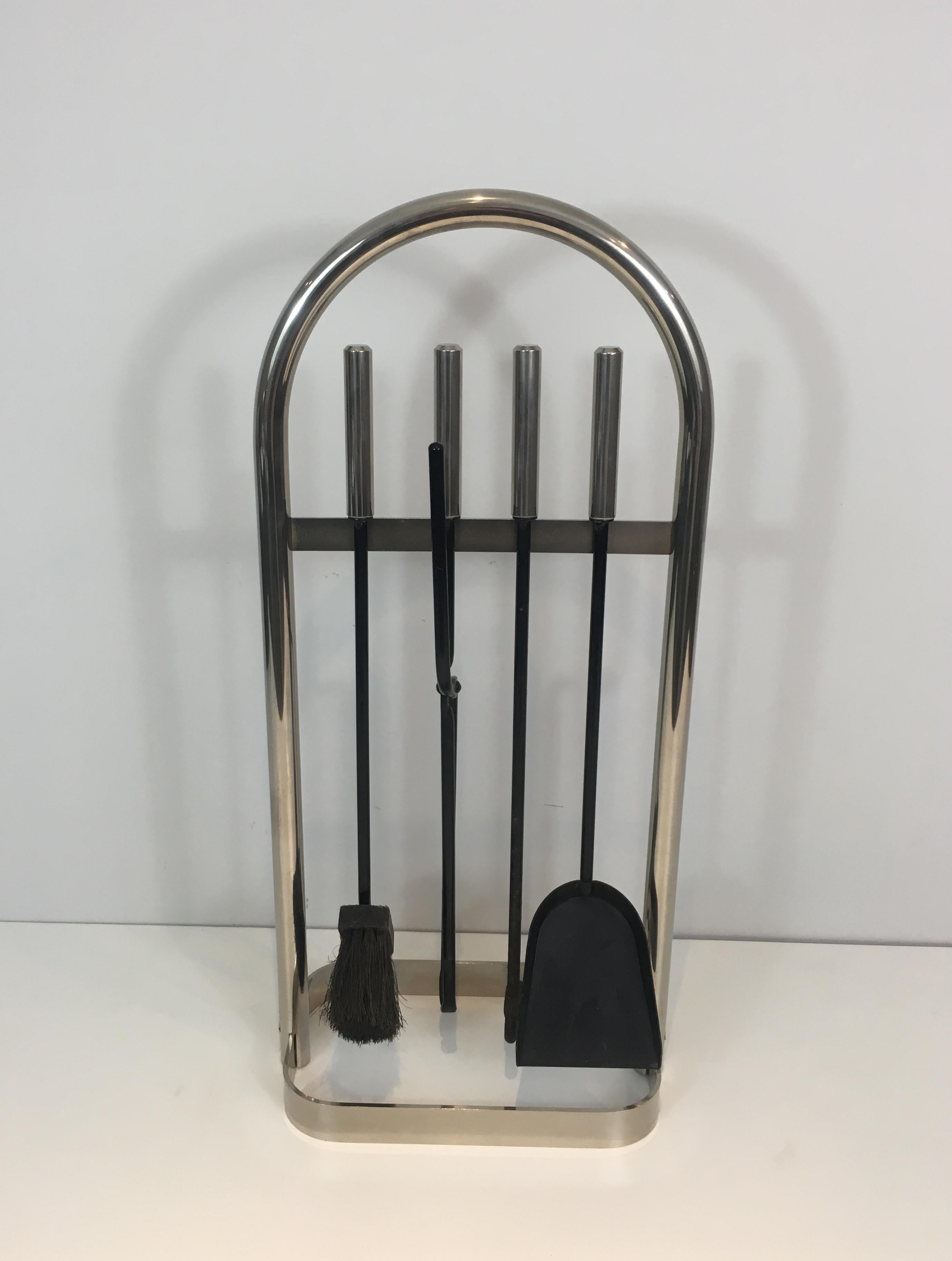 Design Chrome Fire Place Tools on Stand, French, circa 1970 For Sale 12