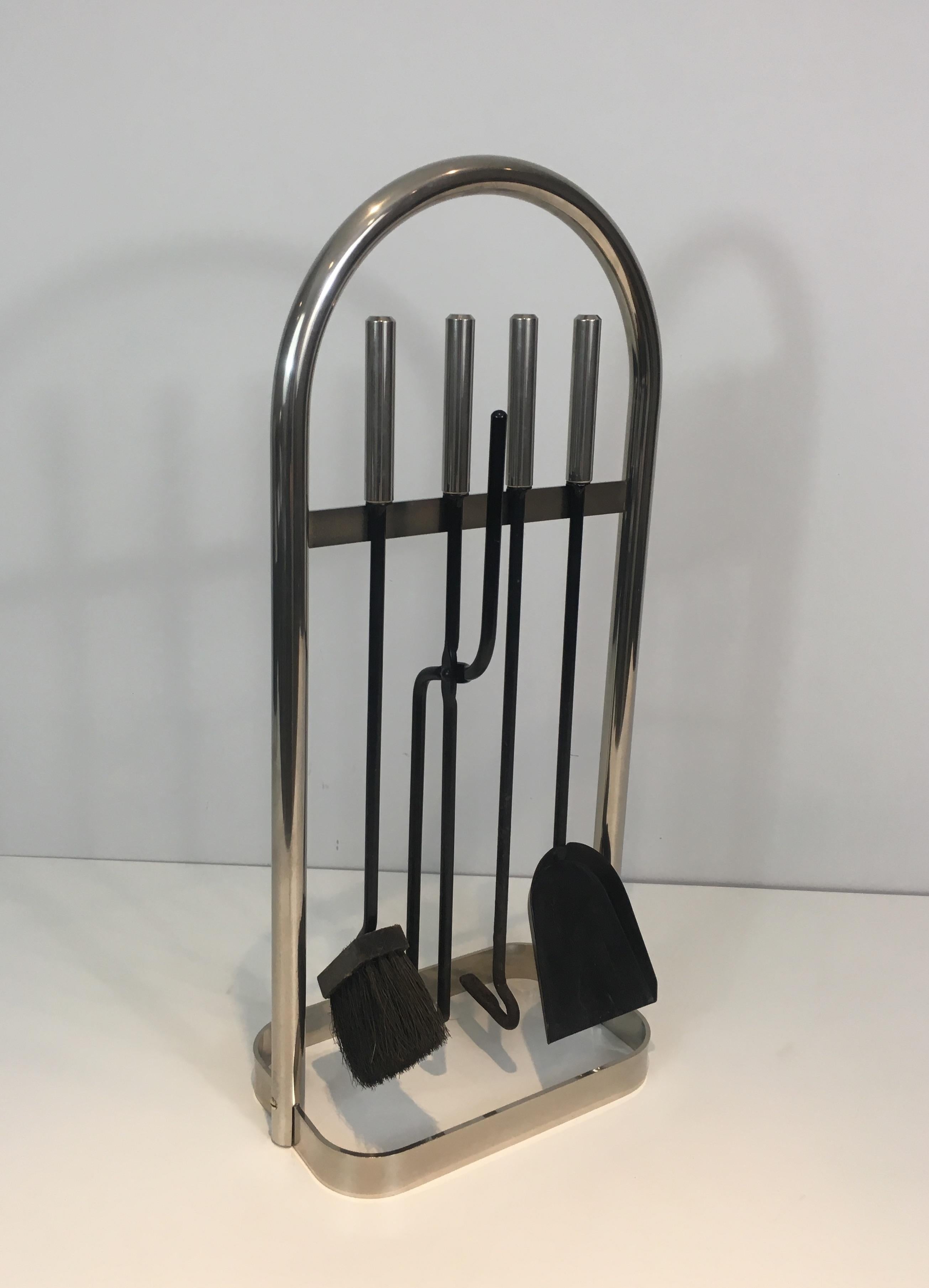 Mid-Century Modern Design Chrome Fire Place Tools on Stand, French, circa 1970 For Sale