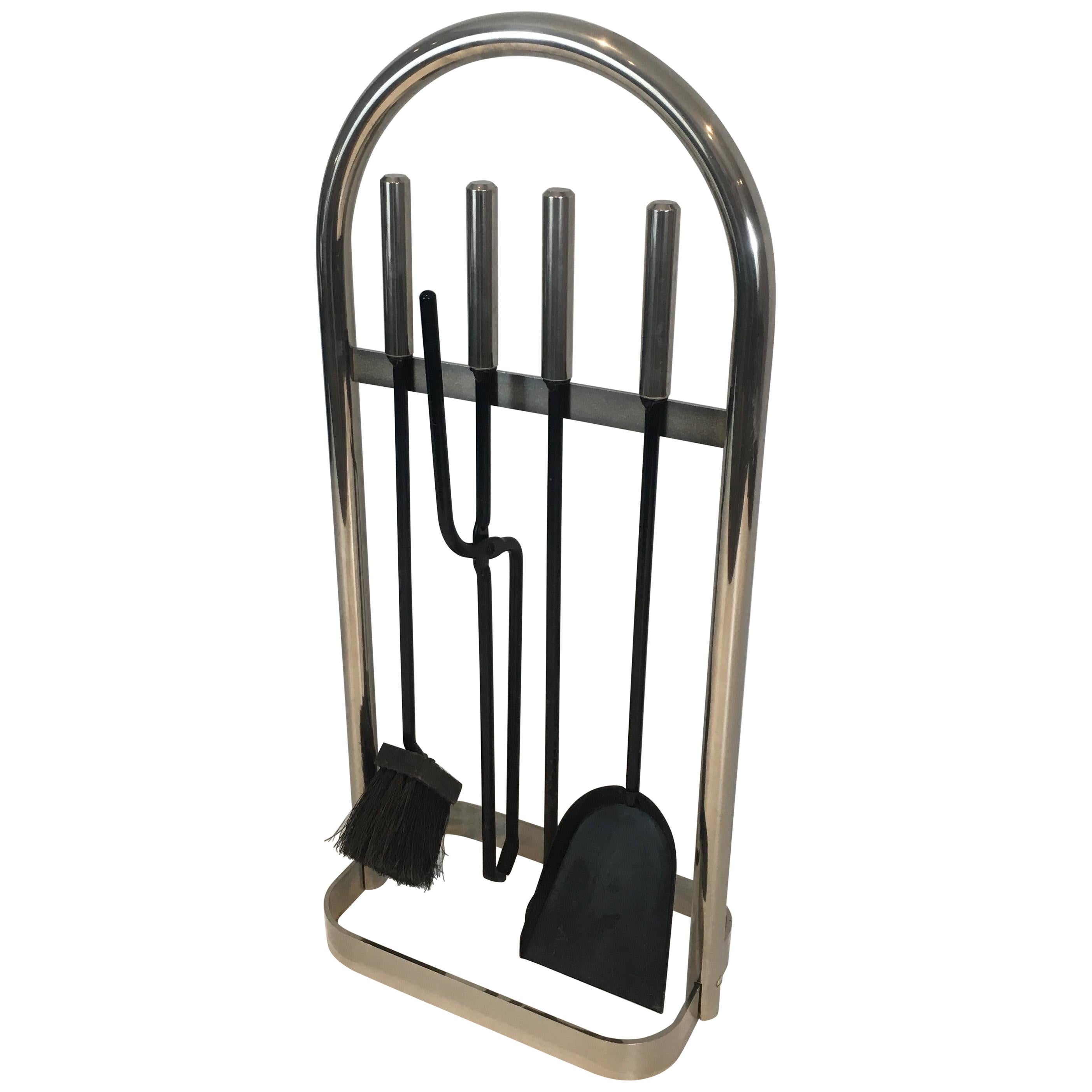 Design Chrome Fire Place Tools on Stand, French, circa 1970