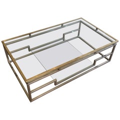 Design Chromed Coffee Table with Glass Top Surrounded by a Brass Frame, French