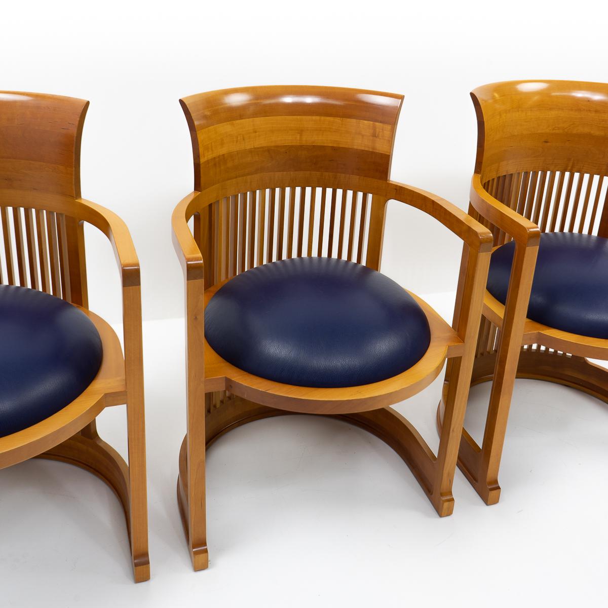 The iconic Barrel chair by Frank Lloyd Wright was based on one of his earlier conceptions from 1904 which he later adjusted to its current design. 

These sculptural chairs have been handmade in the Cassina workshops in Italy, and show exceptional