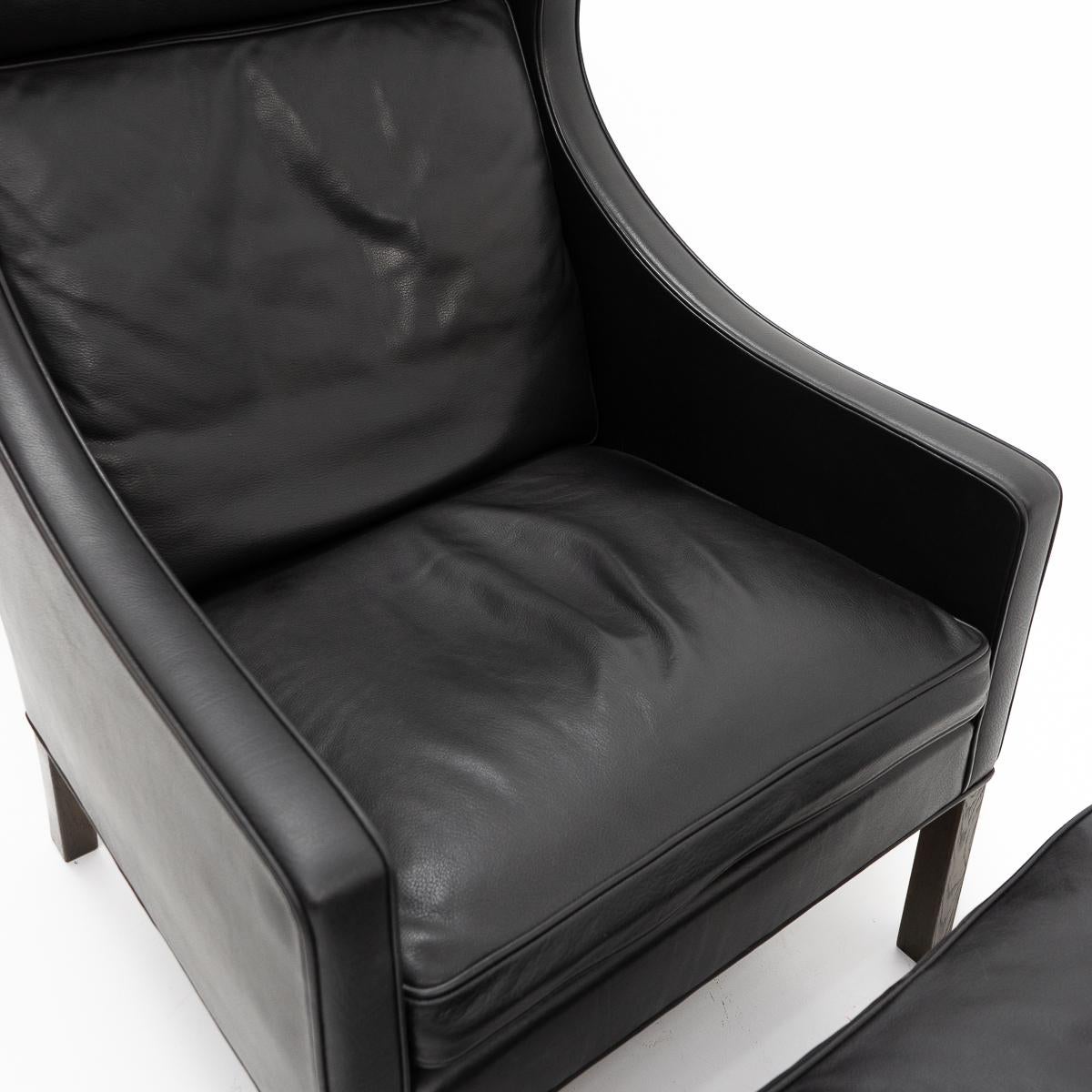 Design Classic Black Leather Wingchair and Footstool by Borge Mogensen, 1960s For Sale 1