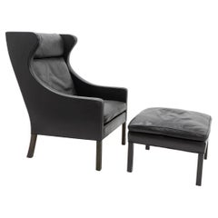 Design Classic Black Leather Wingchair and Footstool by Borge Mogensen, 1960s