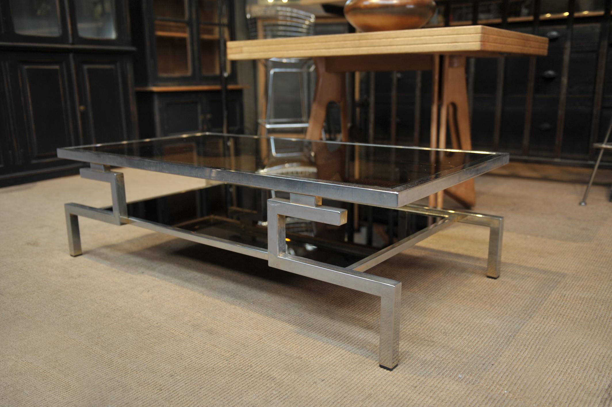 2-tier design coffee table by Guy Lefebvre metal structure and original smoked glass.