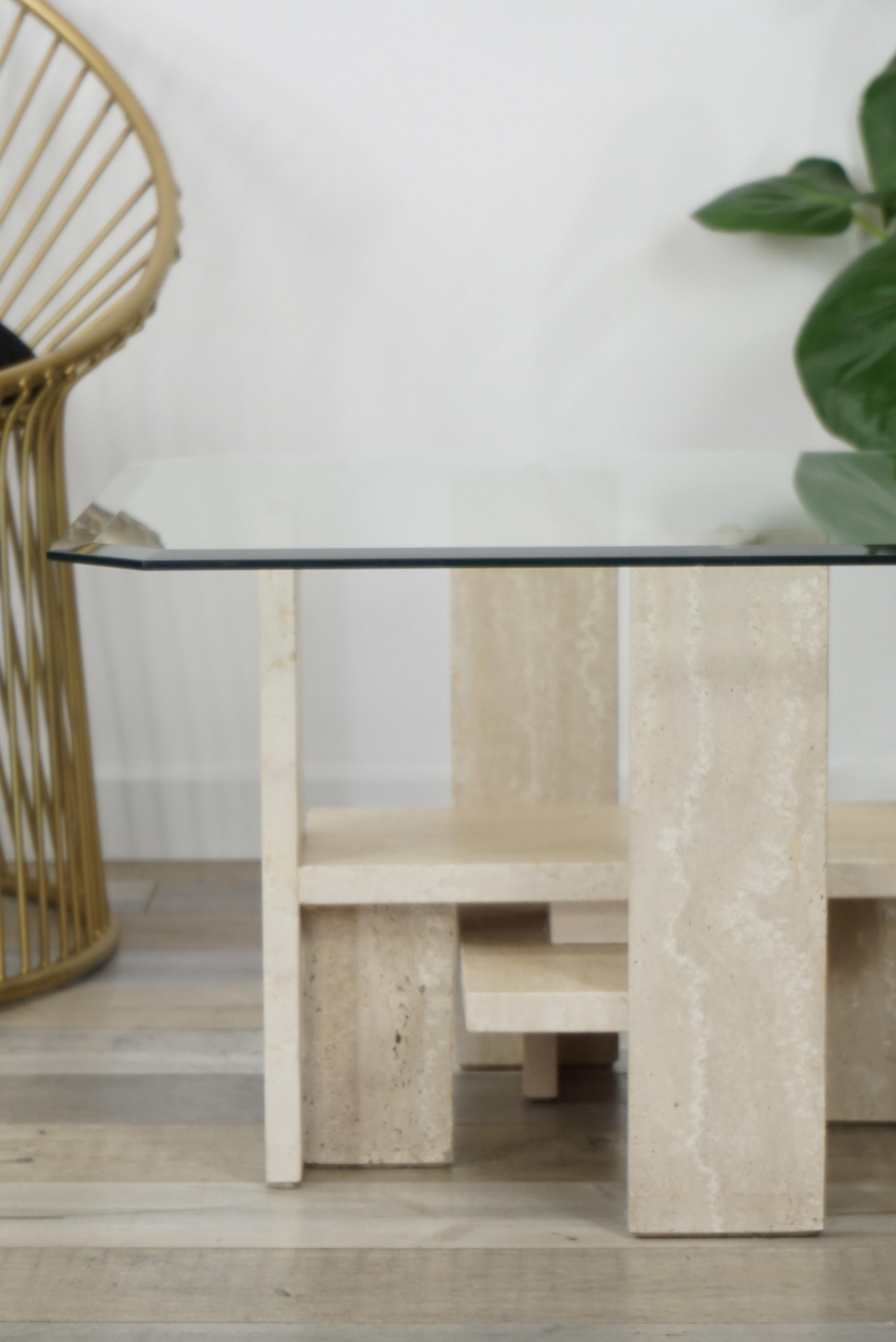Design Coffee Table in Travertine and Glass by Willy Ballez 5