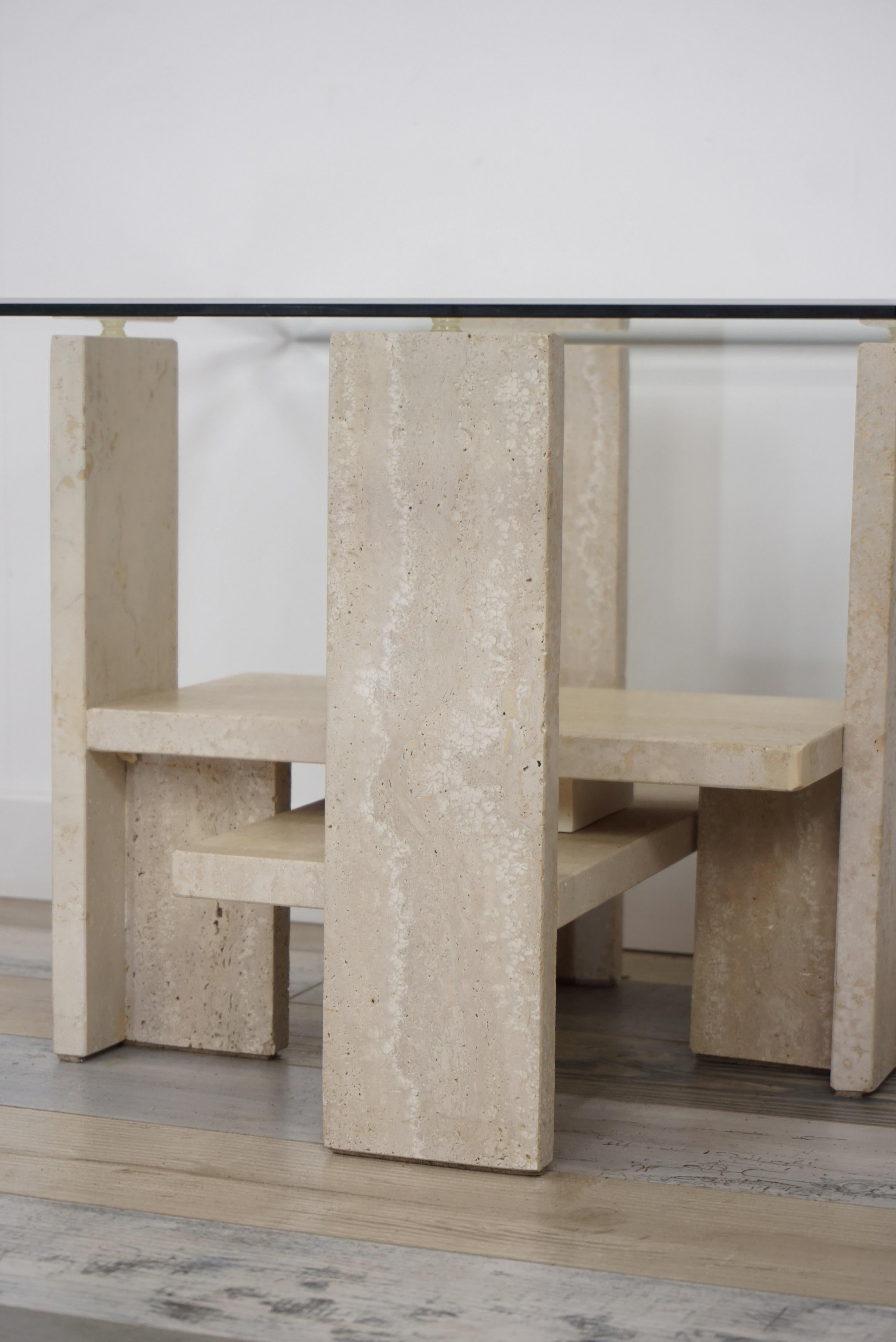 Belgian Design Coffee Table in Travertine and Glass by Willy Ballez