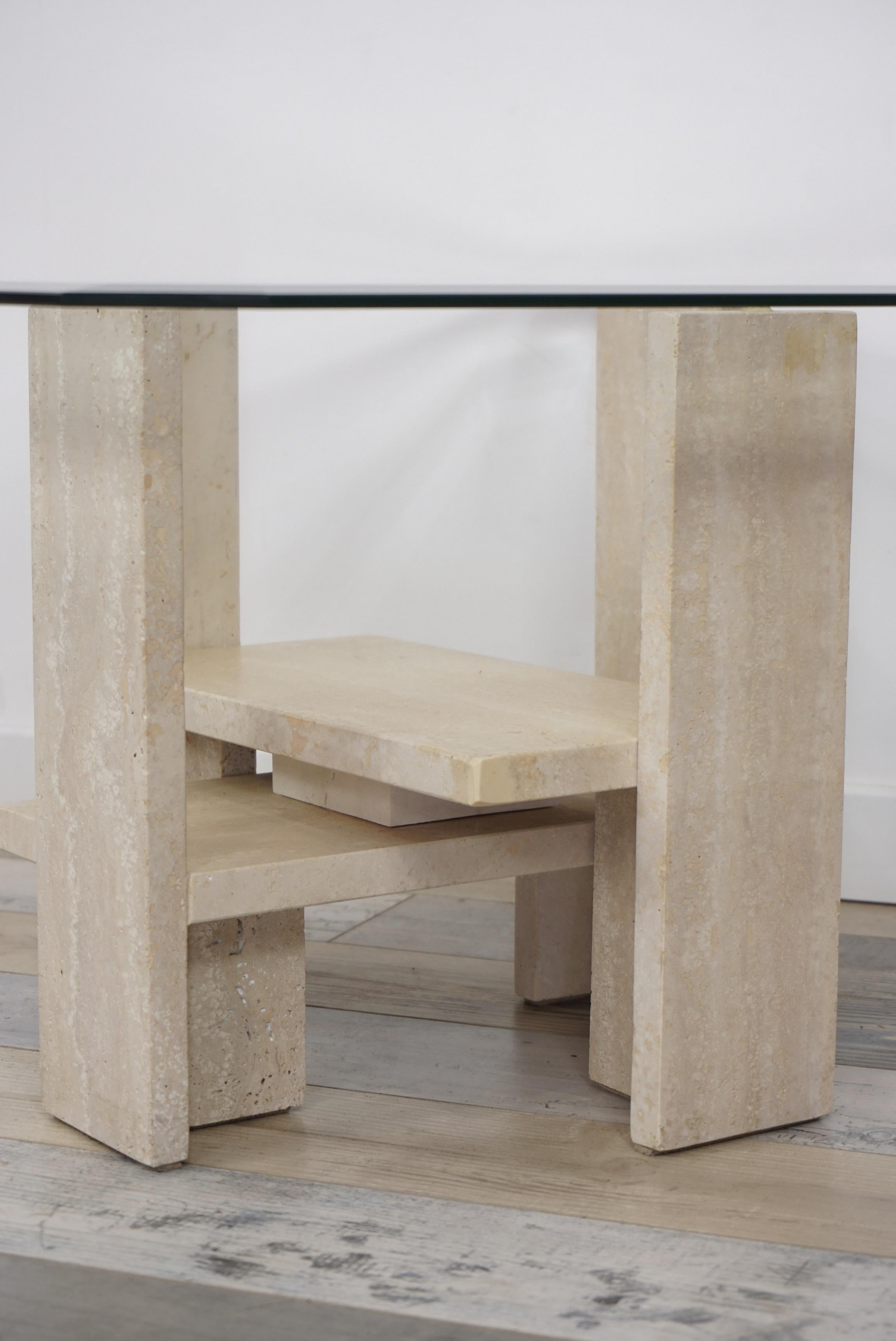 Design Coffee Table in Travertine and Glass by Willy Ballez In Excellent Condition In Tourcoing, FR