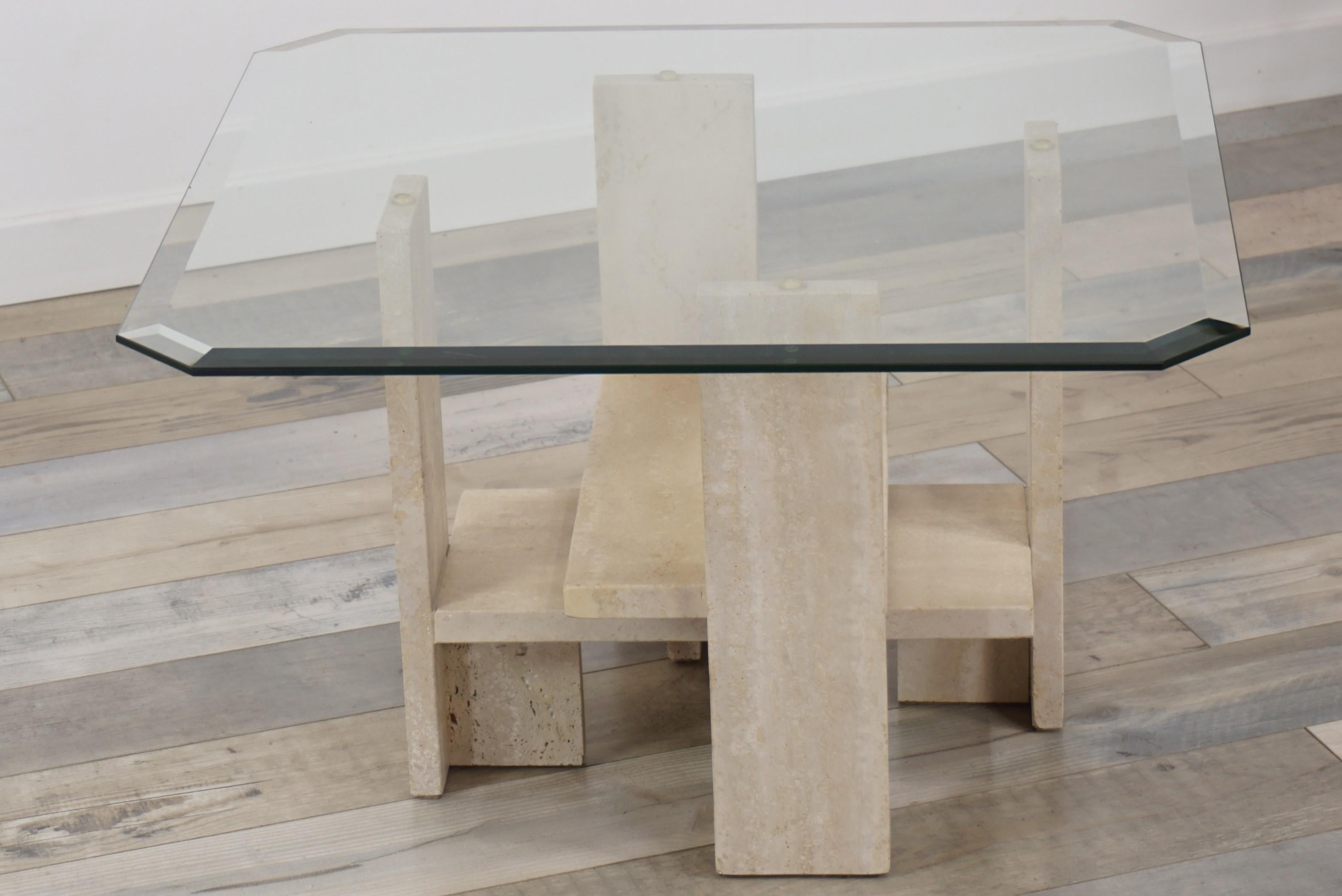 Design Coffee Table in Travertine and Glass by Willy Ballez 1