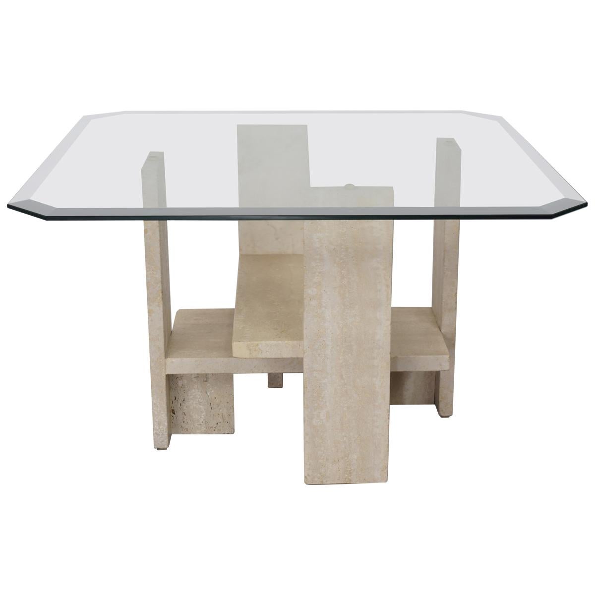 Design Coffee Table in Travertine and Glass by Willy Ballez
