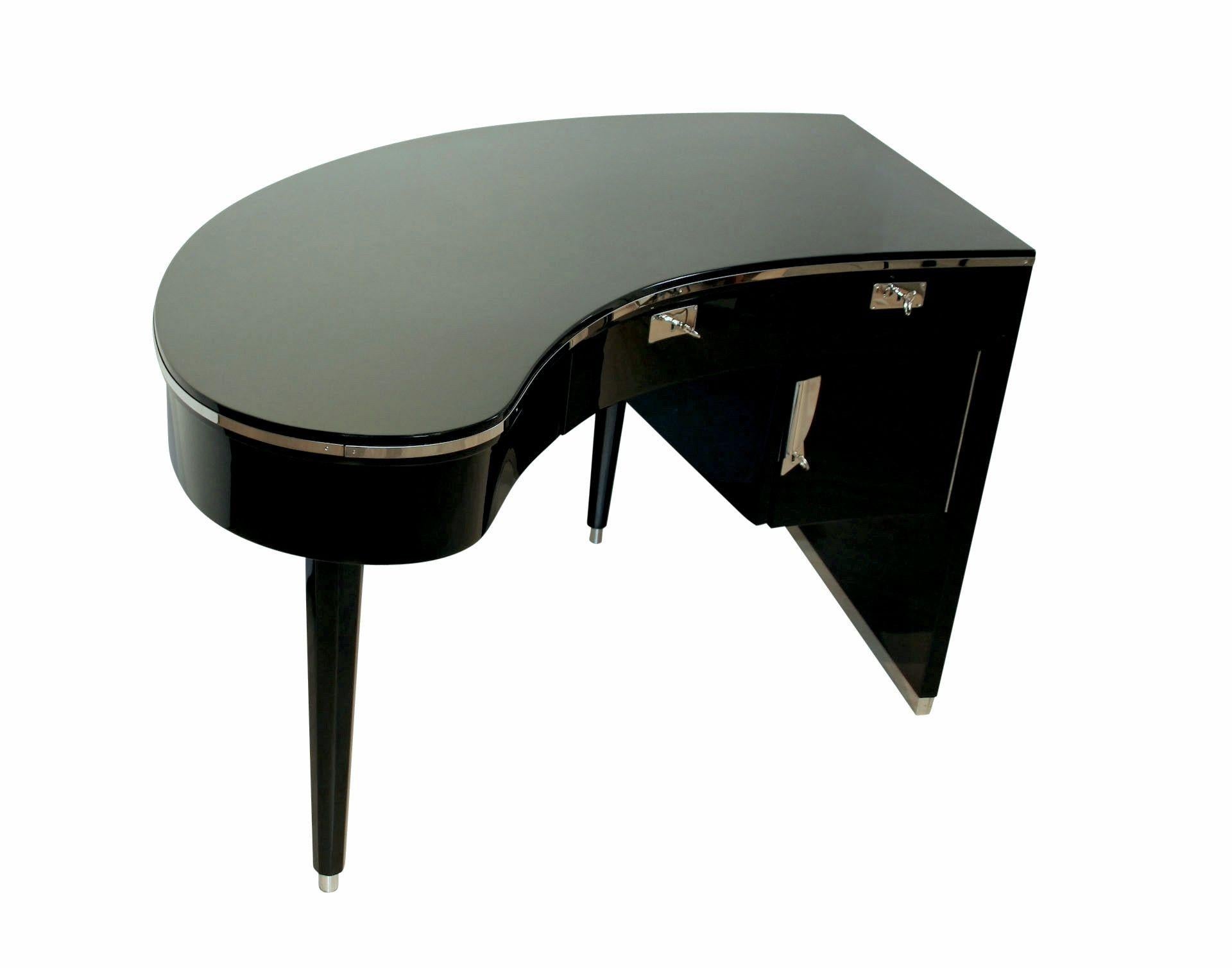 Art Deco Design Desk, Curved Top, Piano Lacquer, Chrome, France, 1950s For Sale