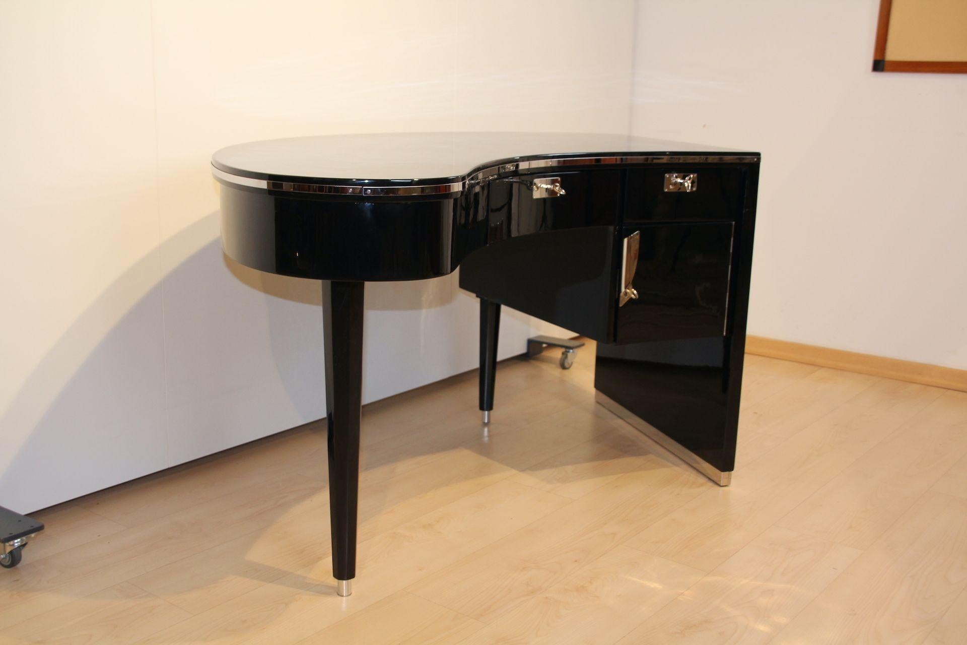Stainless Steel Design Desk, Curved Top, Piano Lacquer, Chrome, France, 1950s For Sale