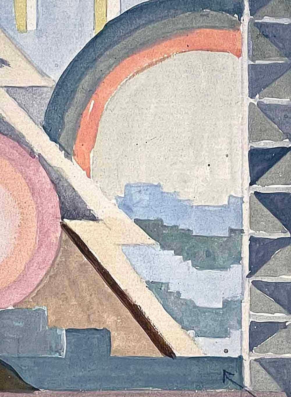 Highly stylized and rich with geometric forms -- including concentric circles, stacks of triangles and a lightning bolt motif -- this original painting was clearly made for an Art Deco rug design in the 1920s or 30s.  Bohm grew up in Bohemia and was